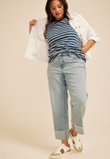 Plus Size Striped High Neck Roll Sleeve Tank Top, C1606, small