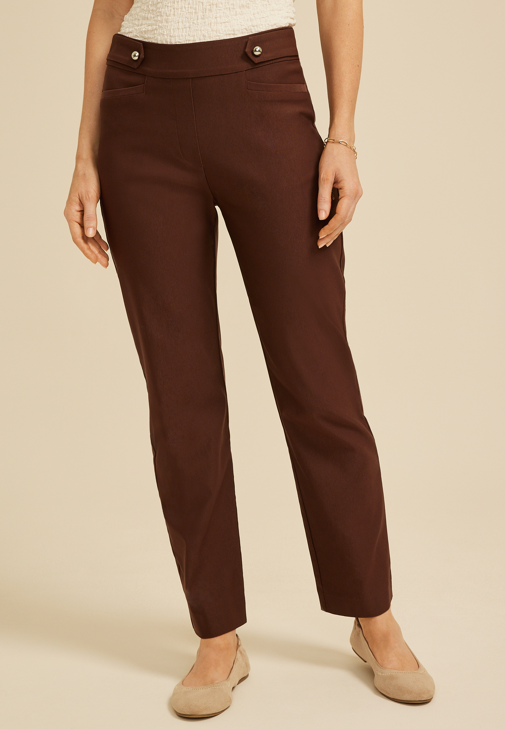 Sateen Bengaline Button Tab High Rise Straight Pant
