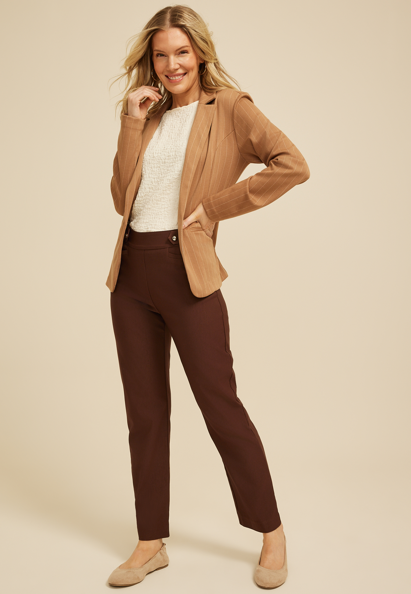 Sateen Bengaline Button Tab High Rise Straight Pant - thumbnail 9