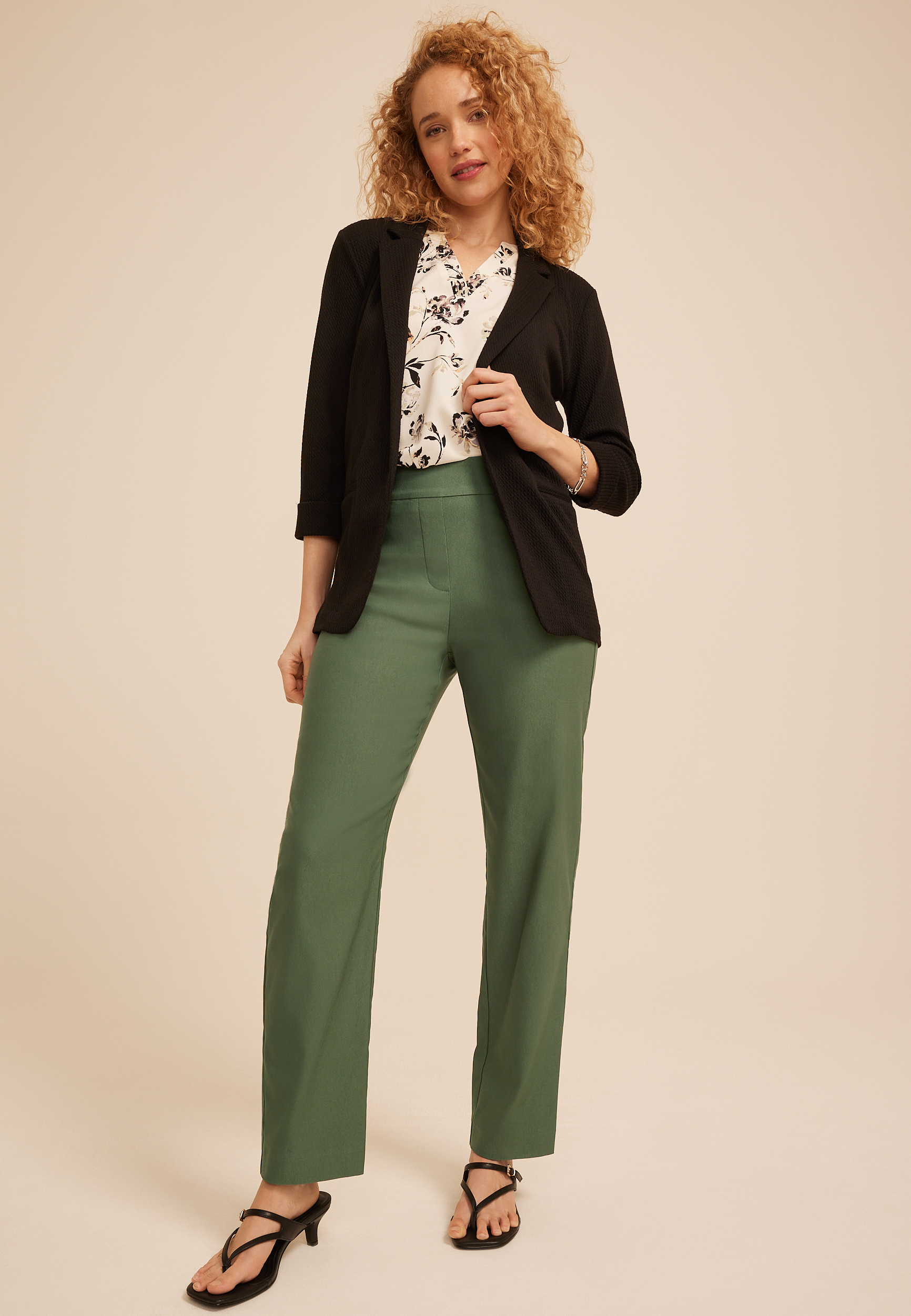 Sateen Bengaline Button Tab High Rise Straight Pant