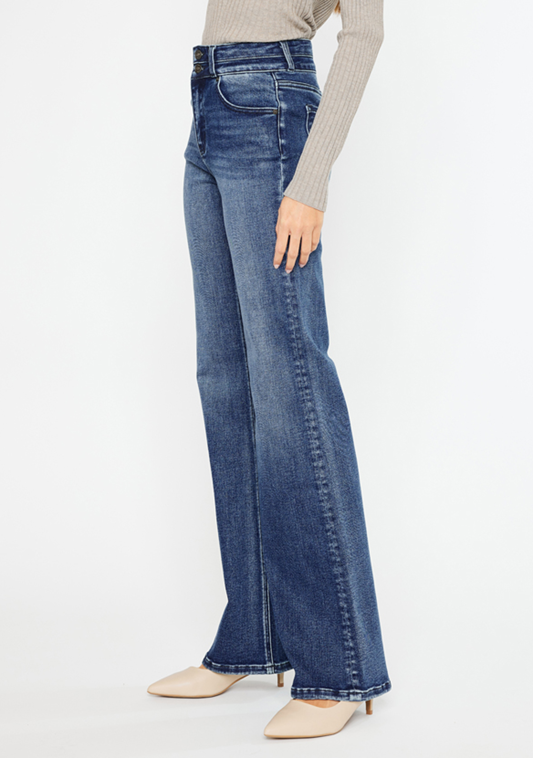 KanCan&trade; High Rise Double Button Flare Jean, MEDIUM SANDBLAST, large