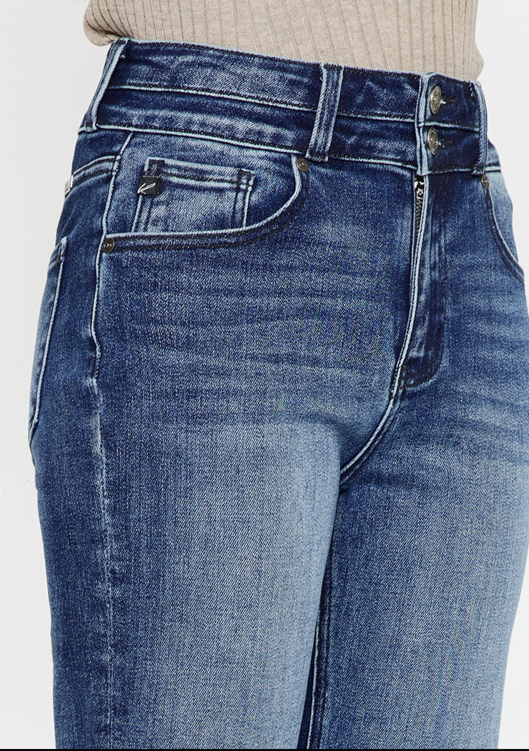 KanCan&trade; High Rise Double Button Flare Jean, MEDIUM SANDBLAST, large