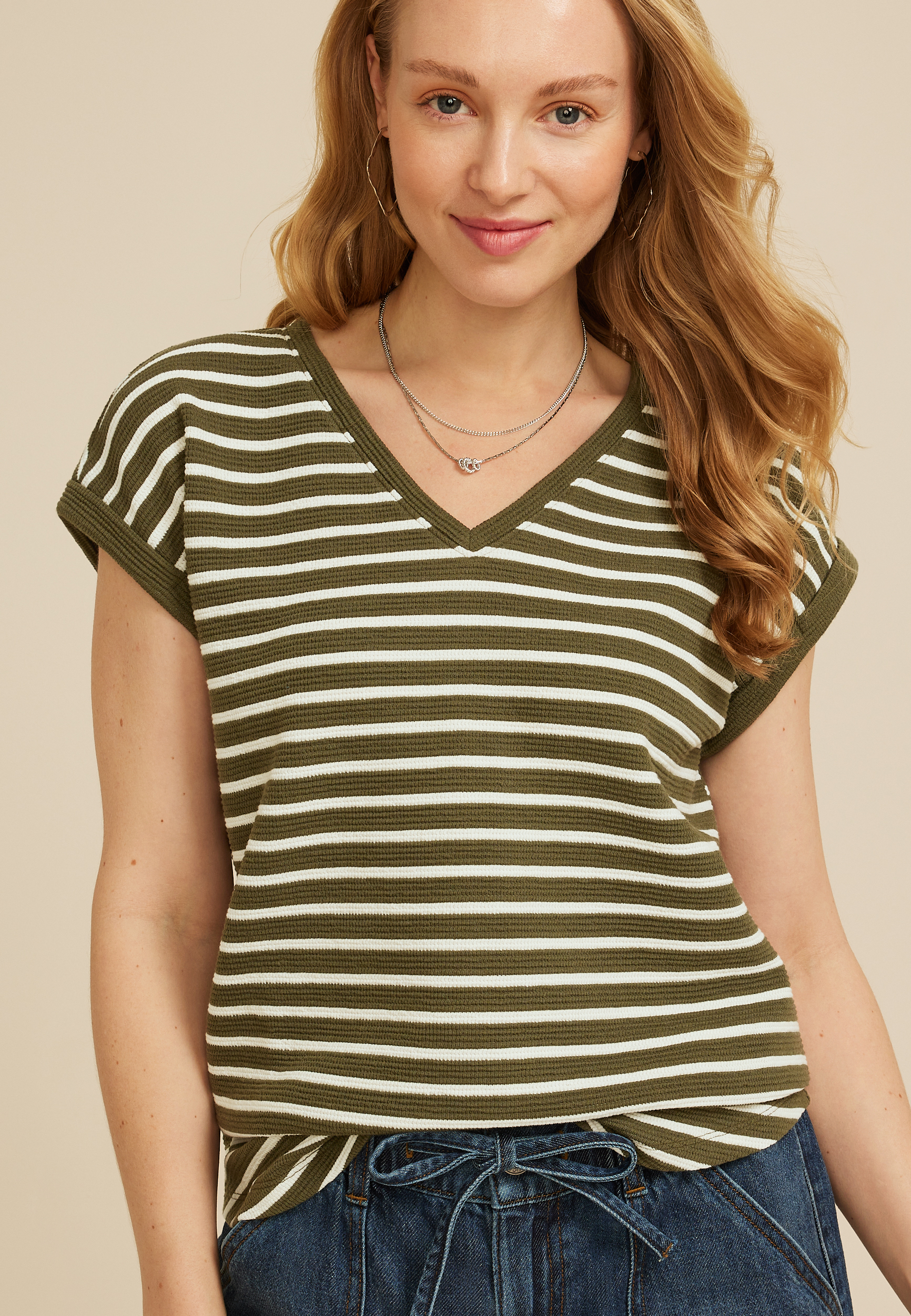24/7 Berkley Striped Texture V Neck Short Sleeve Tee