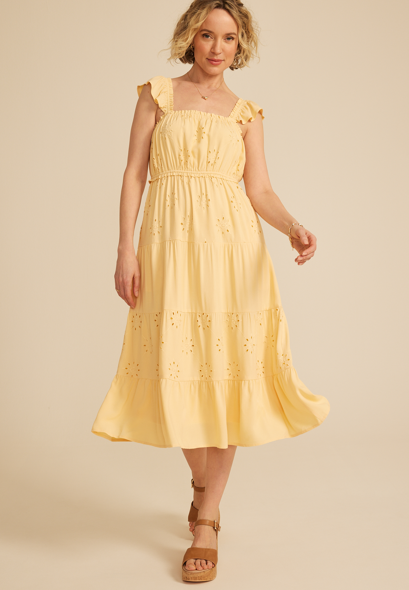Eyelet Flutter Sleeve Midi Dress