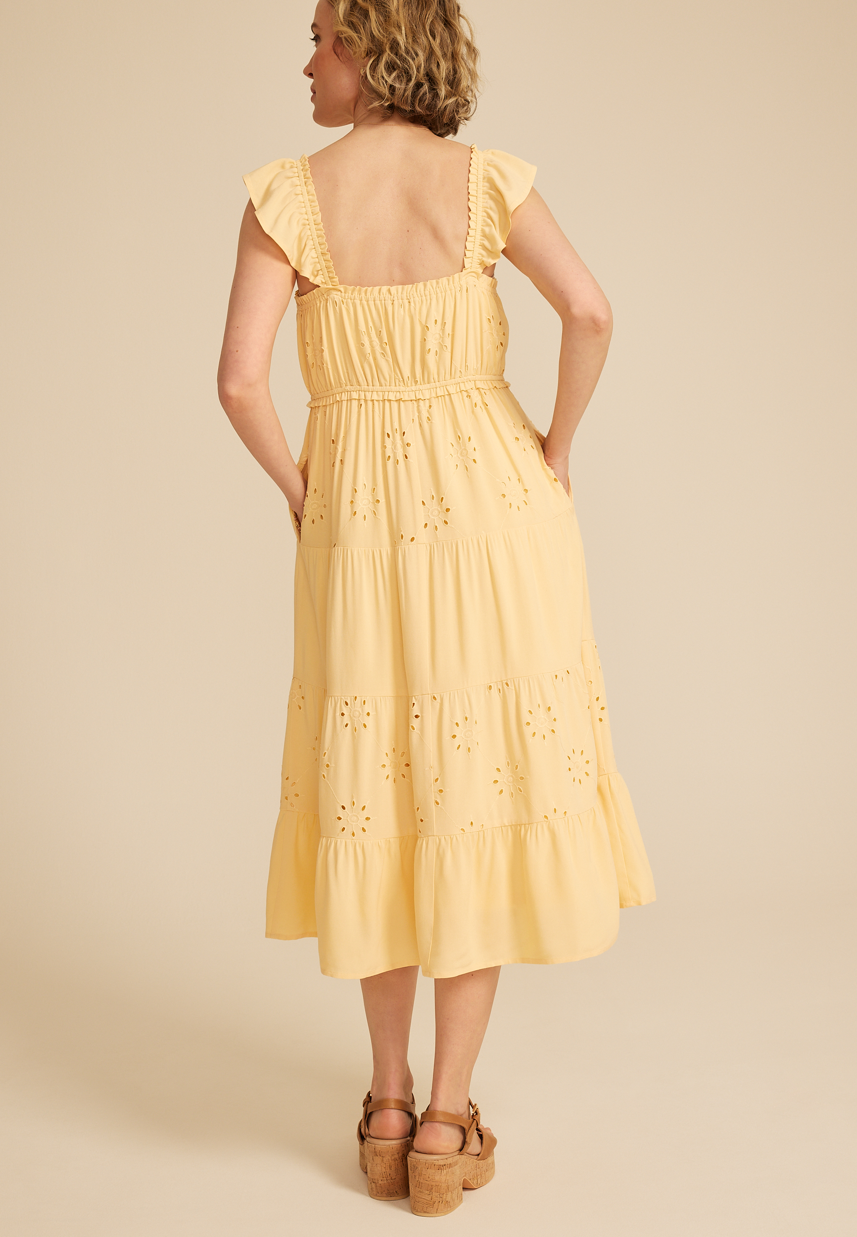 Eyelet Flutter Sleeve Midi Dress, C9196, large