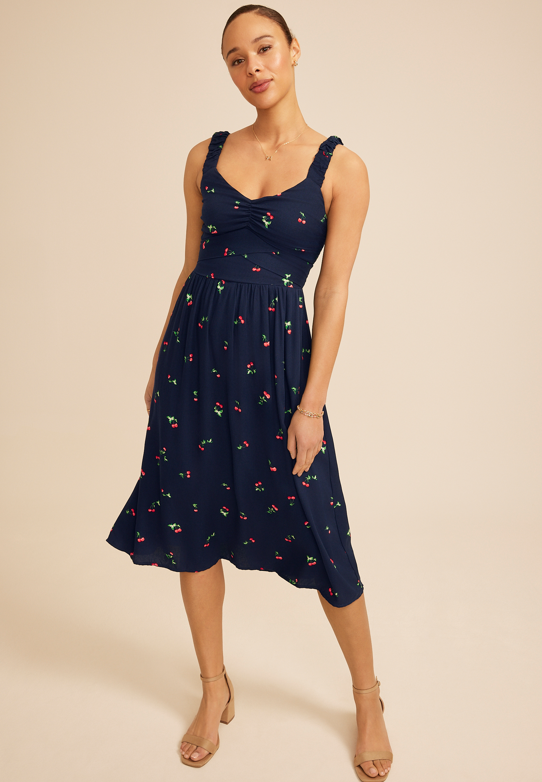 Bare Ruched Strap Printed Midi Dress