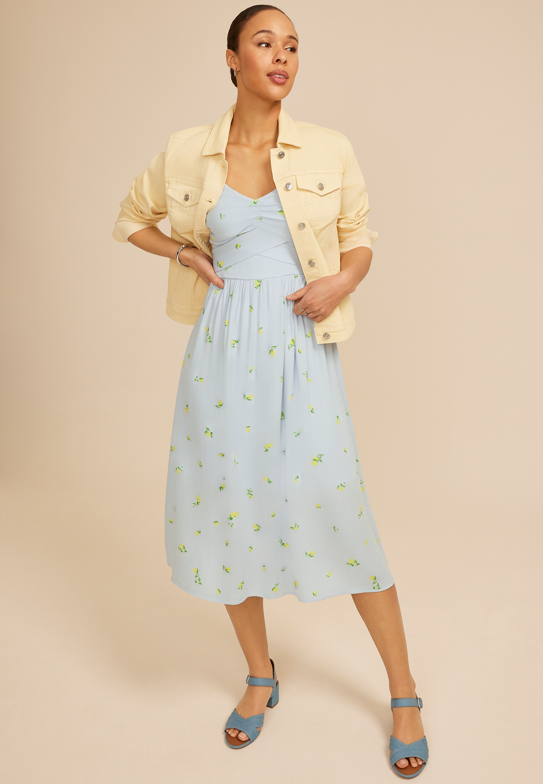 Bare Ruched Strap Printed Midi Dress