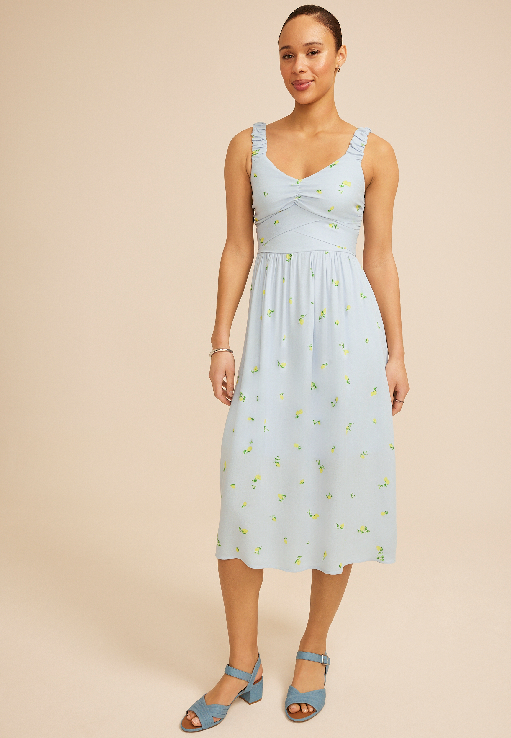 Bare Ruched Strap Printed Midi Dress, HEATHER COMBO, large