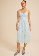 Bare Ruched Strap Printed Midi Dress, HEATHER COMBO, small