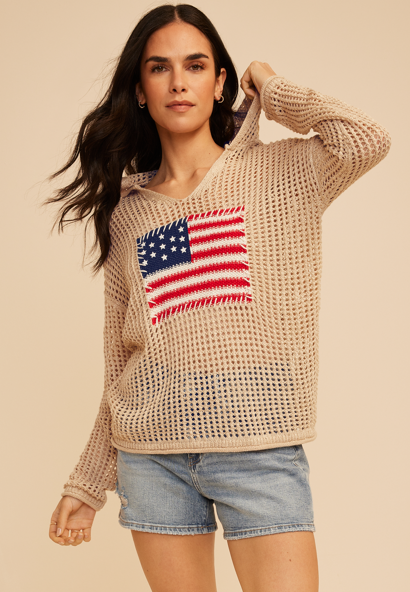 Americana Flag Open Stitch Hooded Pullover, C2608, large