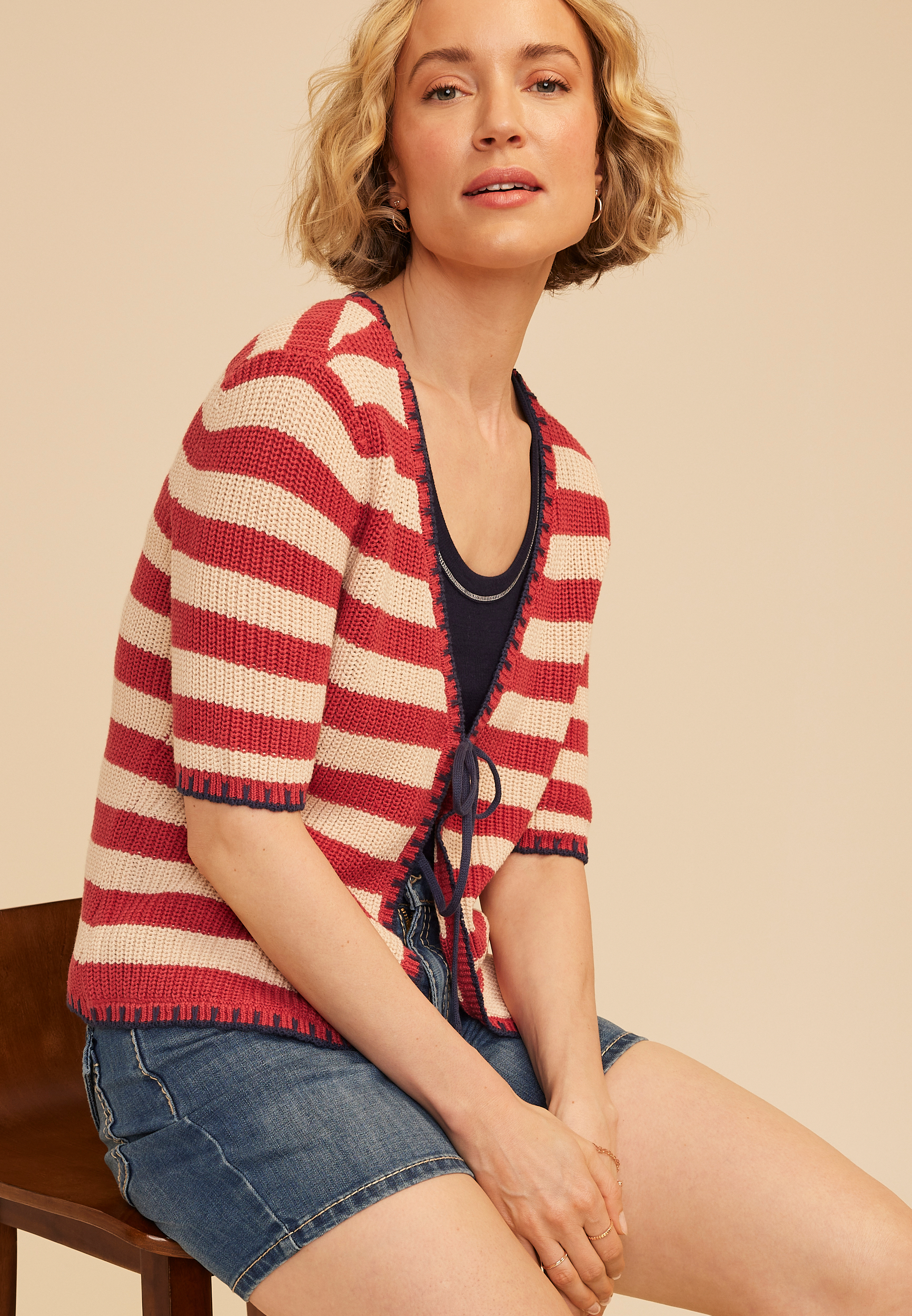 Stripe Tie Front Cardigan, C4905, large