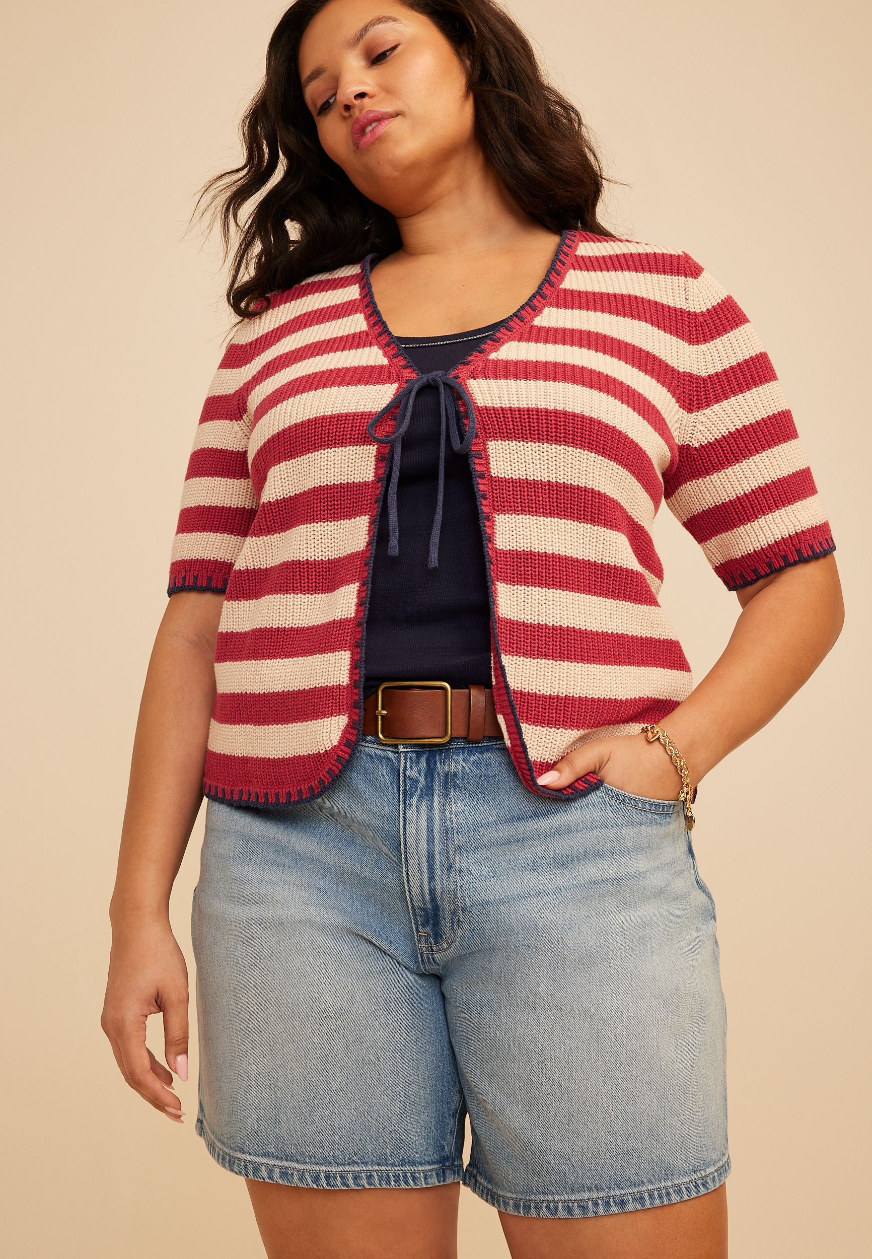 Plus Size Stripe Tie Front Cardigan