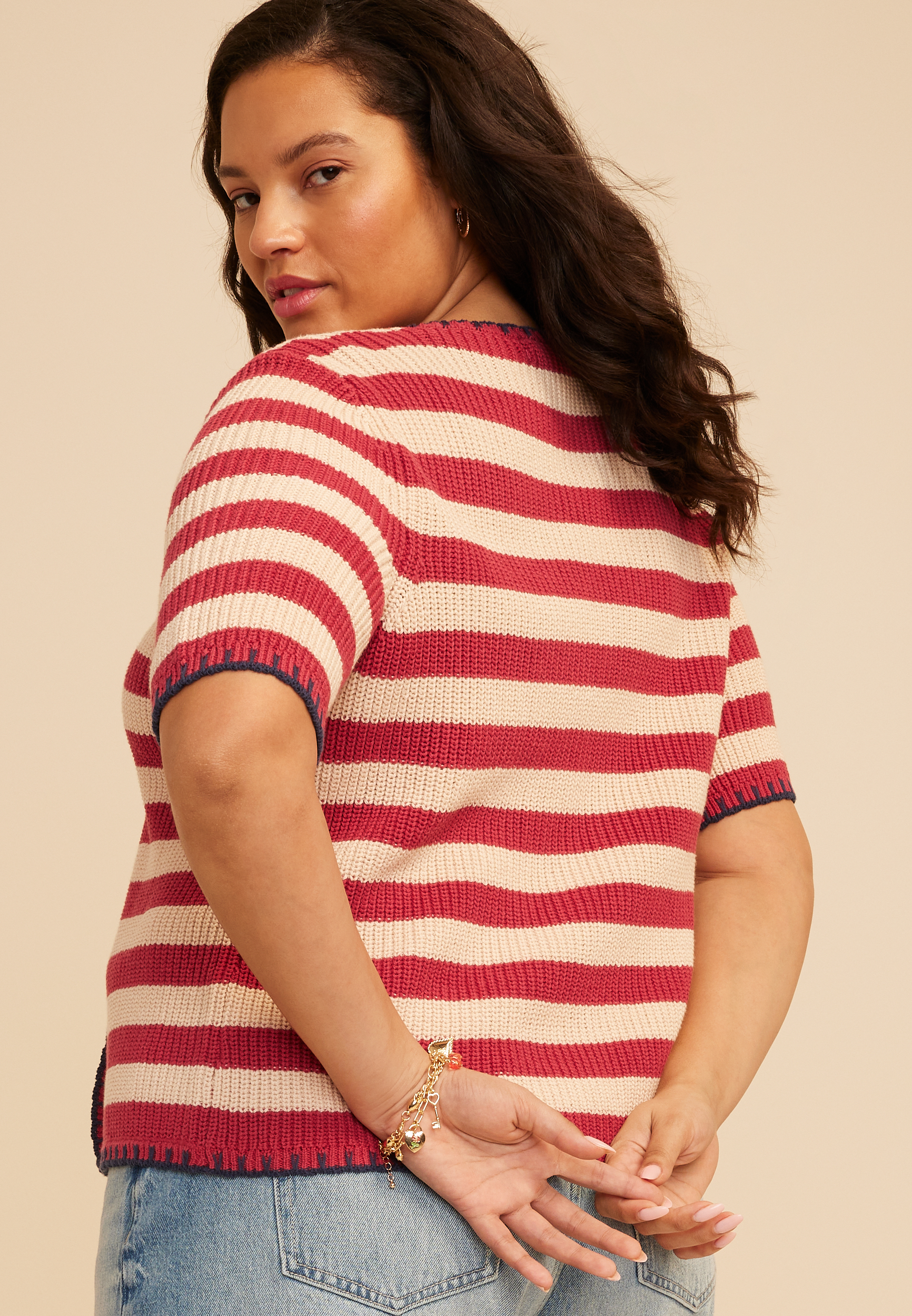 Plus Size Stripe Tie Front Cardigan, C4905, large