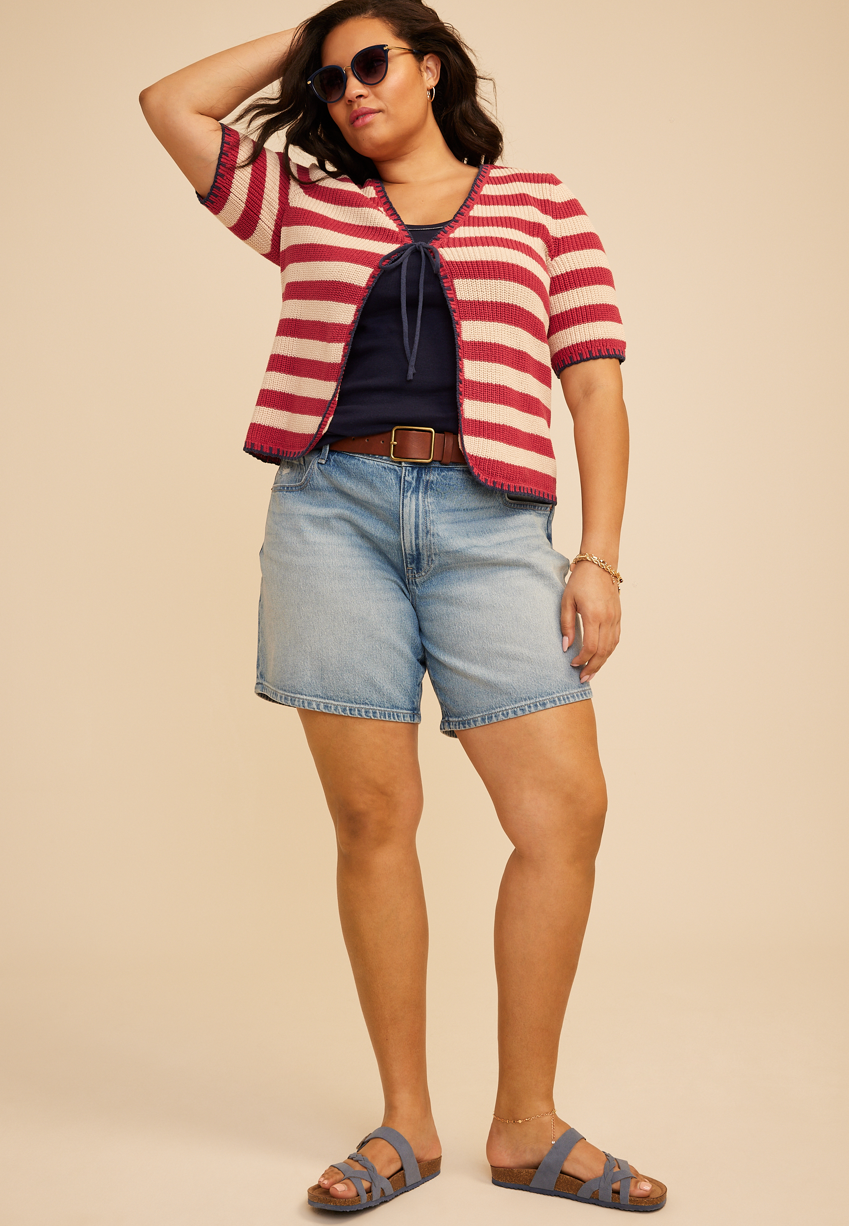 Plus Size Stripe Tie Front Cardigan, C4905, large