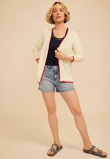 Americana Faux Whipstitch Trim Open Front Cardigan, SUGAR SWIZZLE COMBO, small