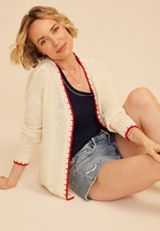 Americana Faux Whipstitch Trim Open Front Cardigan, SUGAR SWIZZLE COMBO, small