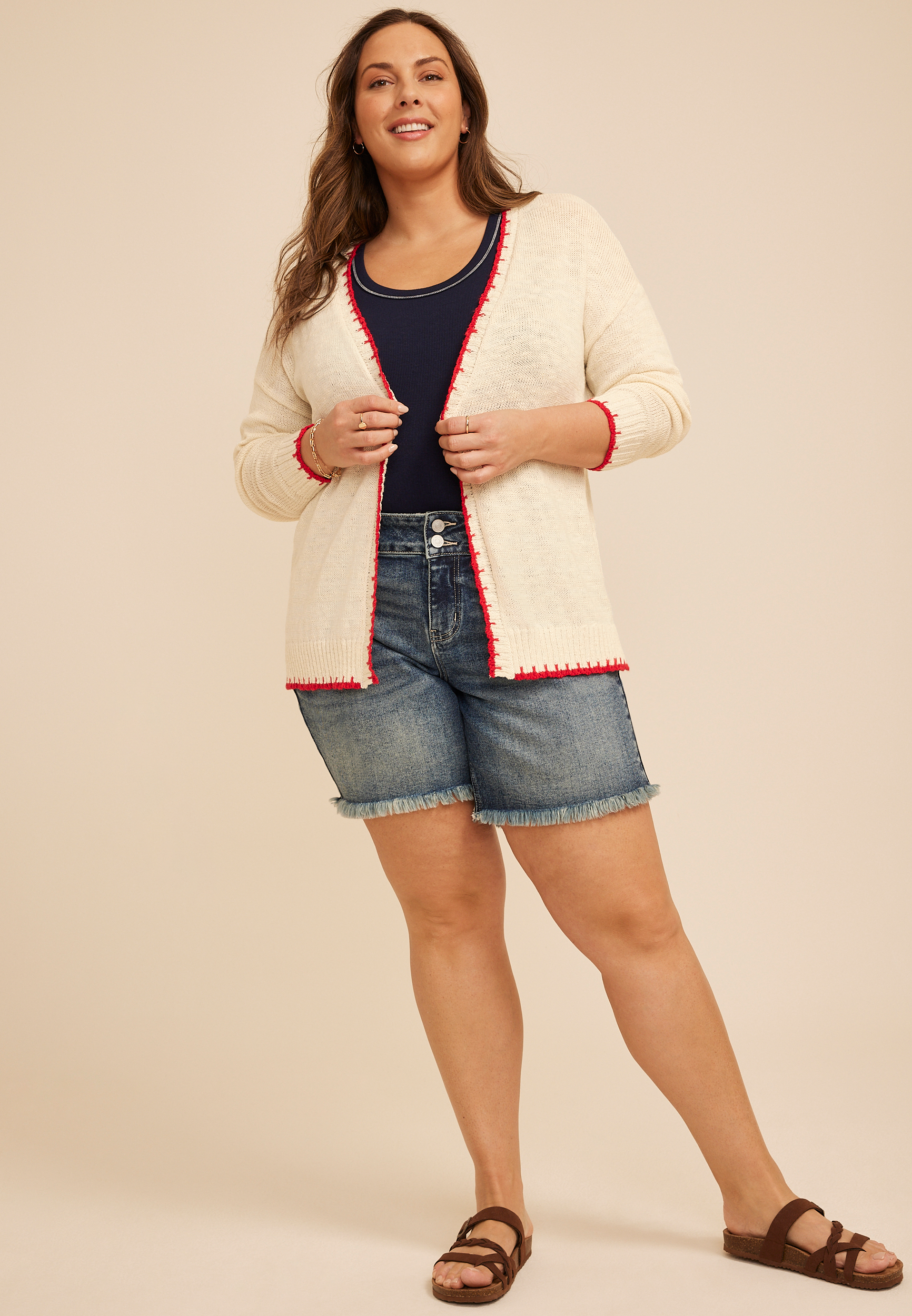 Plus Size Americana Faux Whipstitch Trim Open Front Cardigan