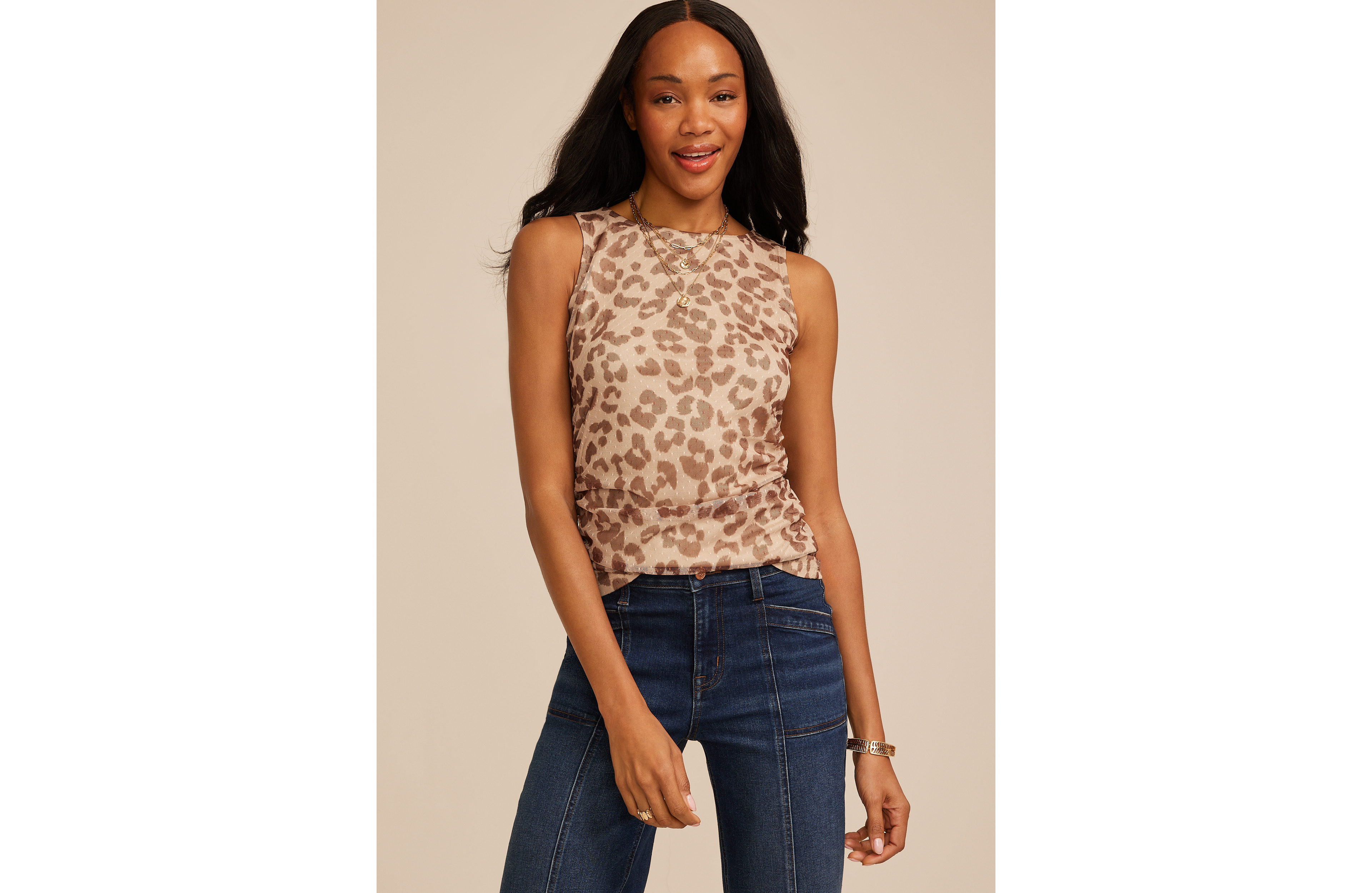 Mesh Animal Print Boat Neck Tank Top