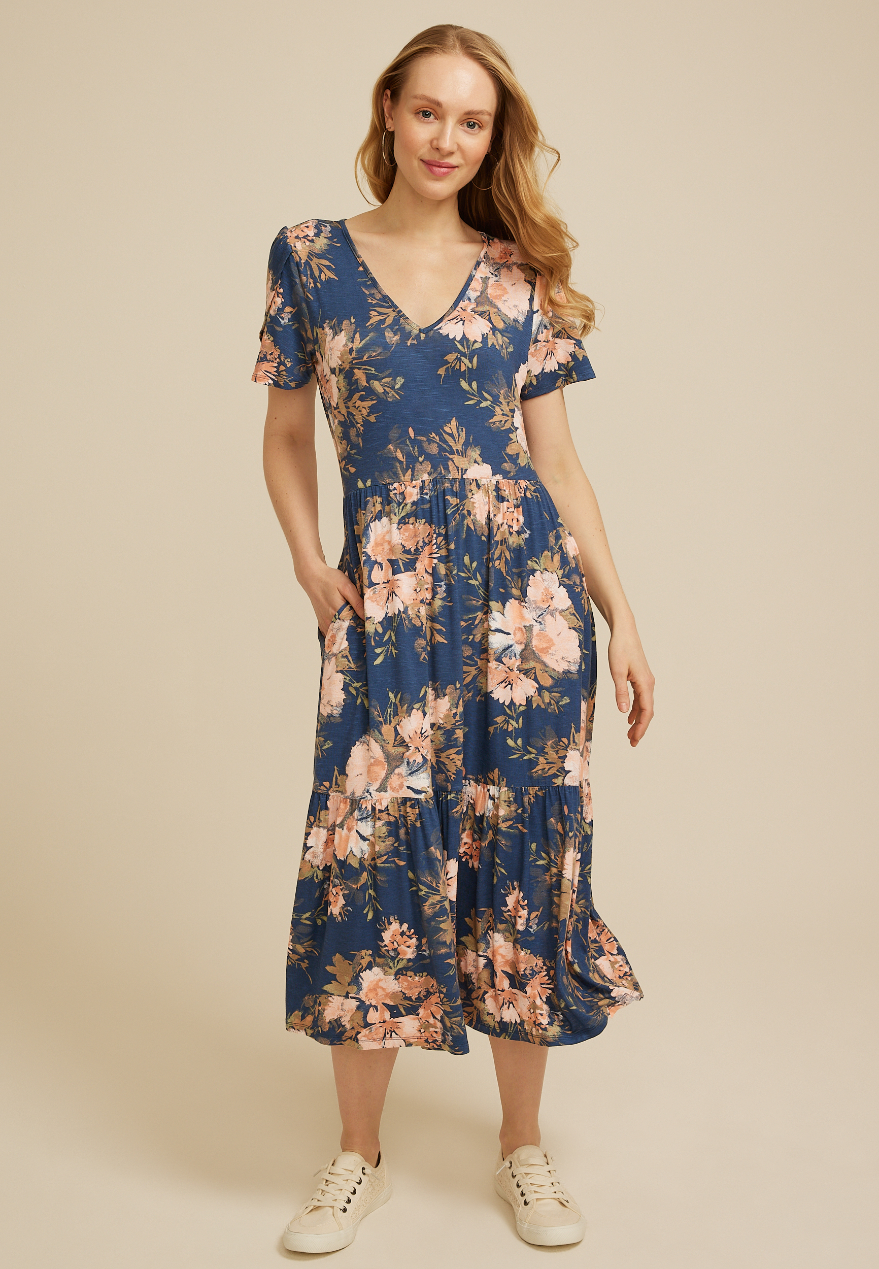 24/7 Floral Tulip Sleeve Midi Dress