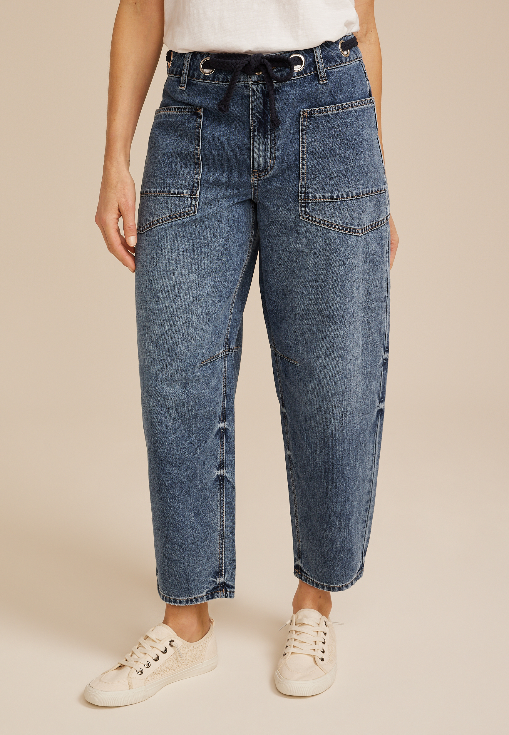 Grommet Waist High Rise Barrel Jean