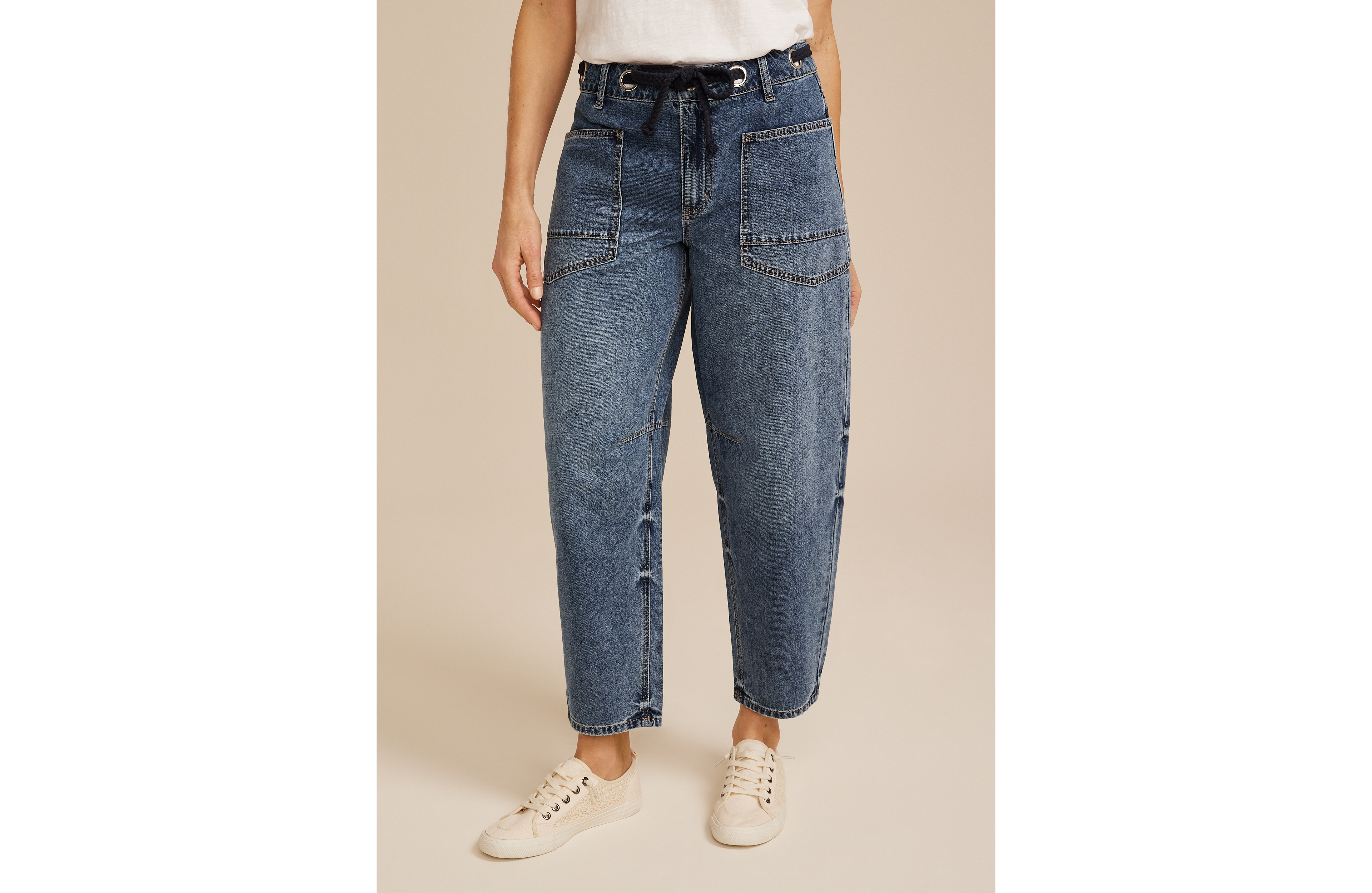 Grommet Waist High Rise Barrel Jean