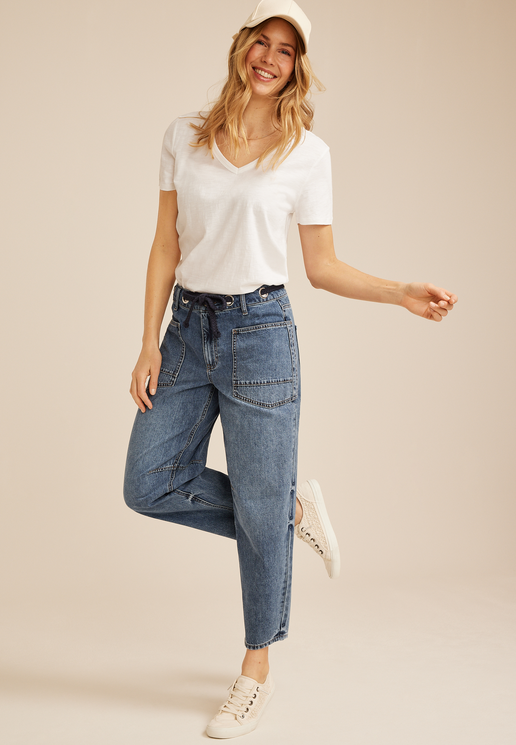 Grommet Waist High Rise Barrel Jean, C258, large