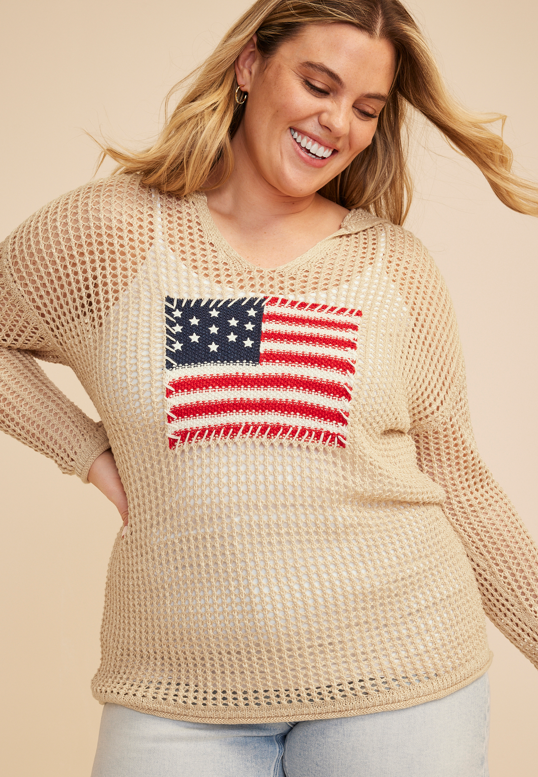 Plus Size Americana Flag Open Stitch Hooded Pullover