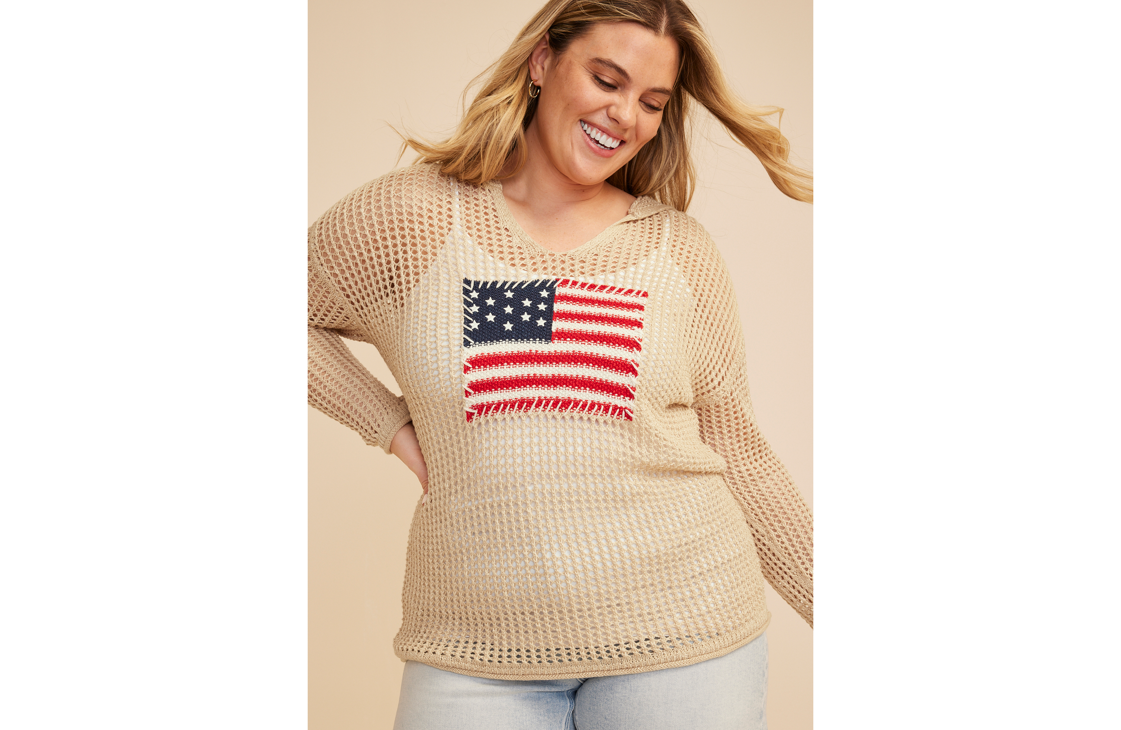 Plus Americana Flag Open Stitch Hooded Pullover