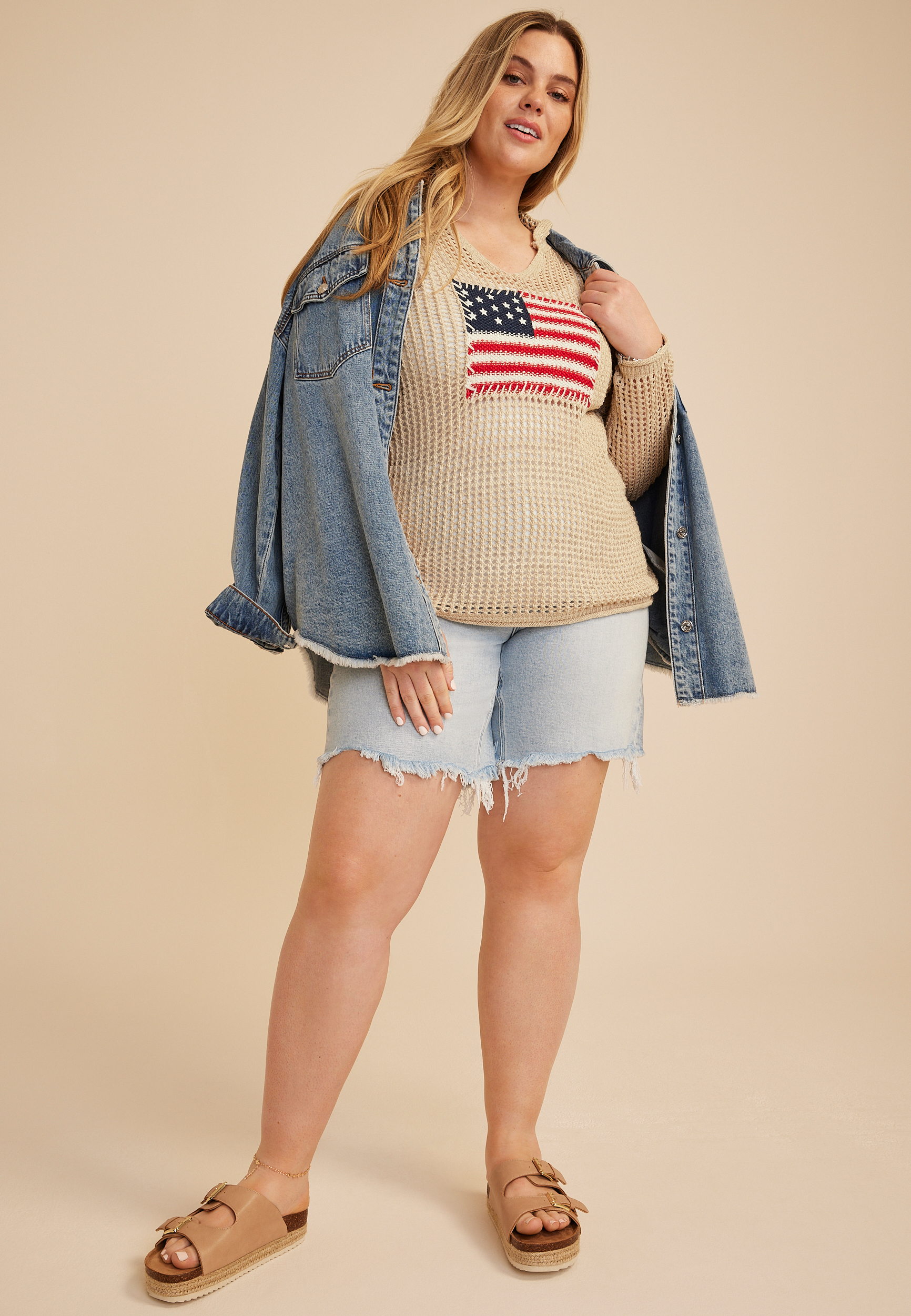 Plus Size Americana Flag Open Stitch Hooded Pullover, C2608, large