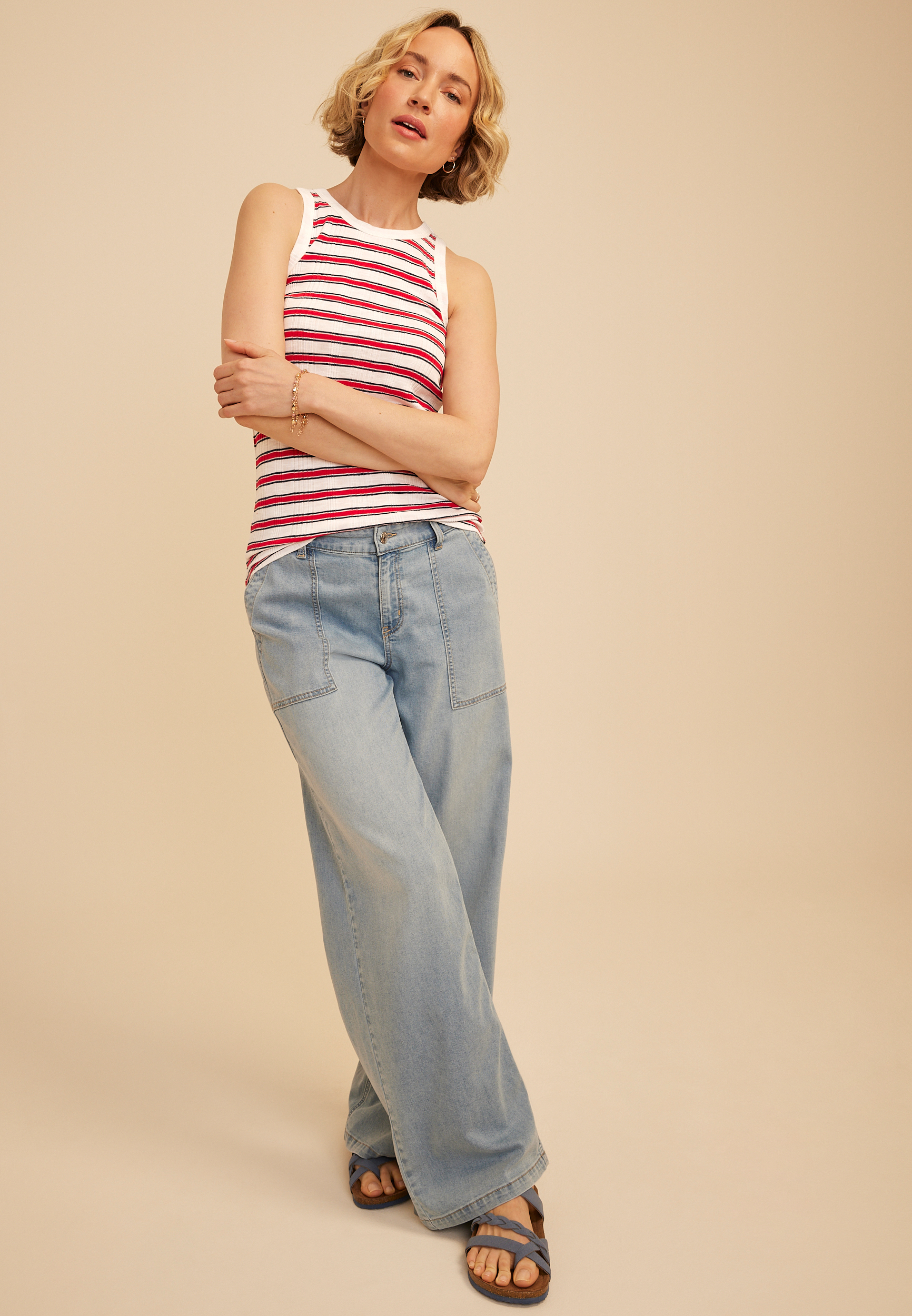 24/7 Variegated Americana Striped Ribbed Highline Tank Top, MULTI, large