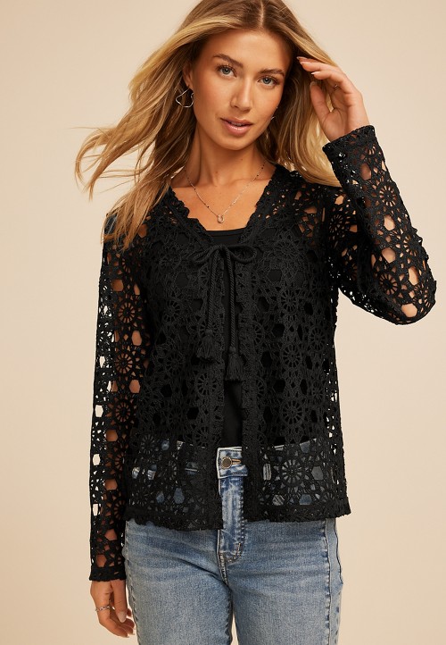 Crochet Lace Tie Front Cardigan | maurices