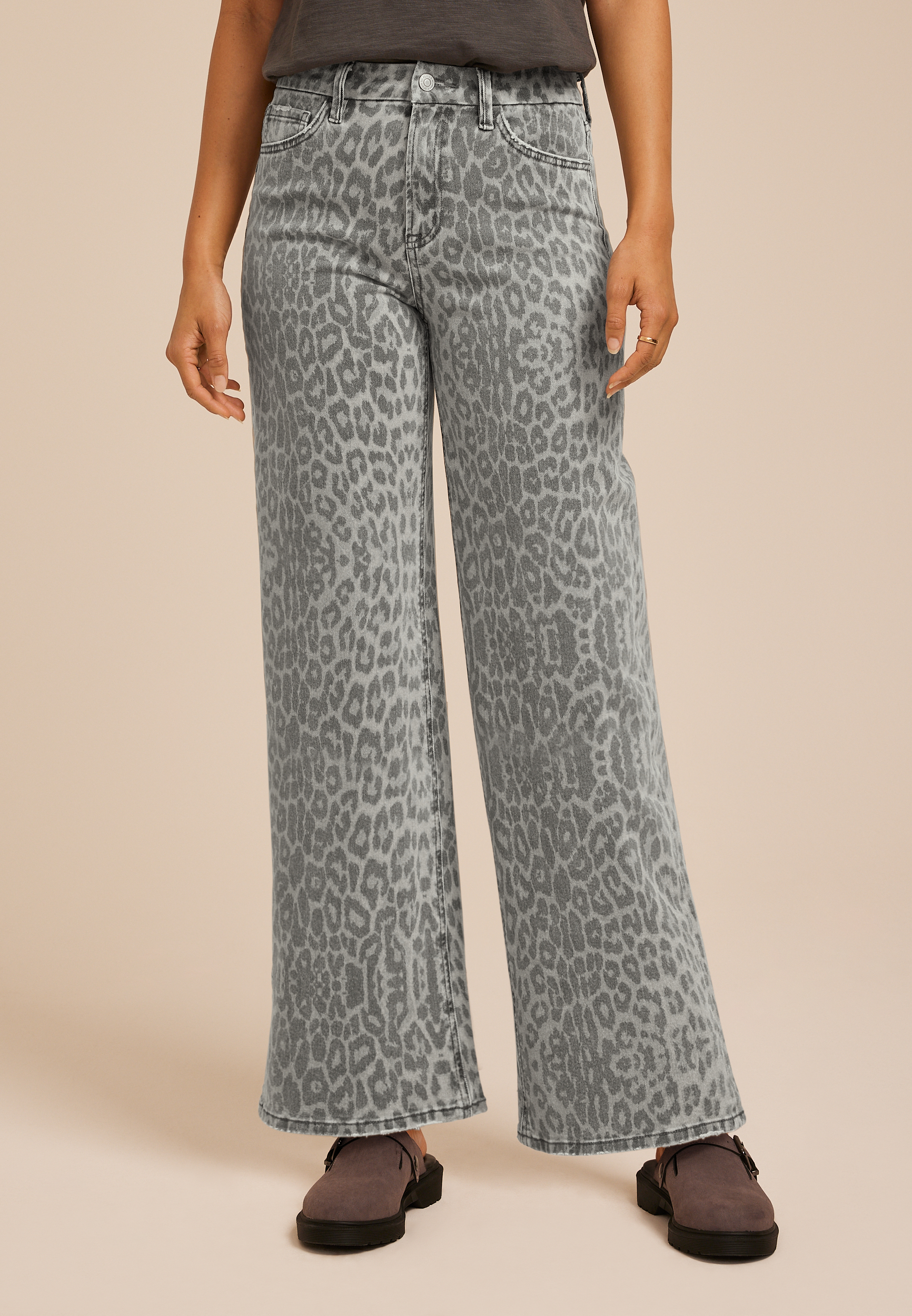 Flying Monkey&trade; Gray Leopard High Rise Wide Leg Jean, C1755, large