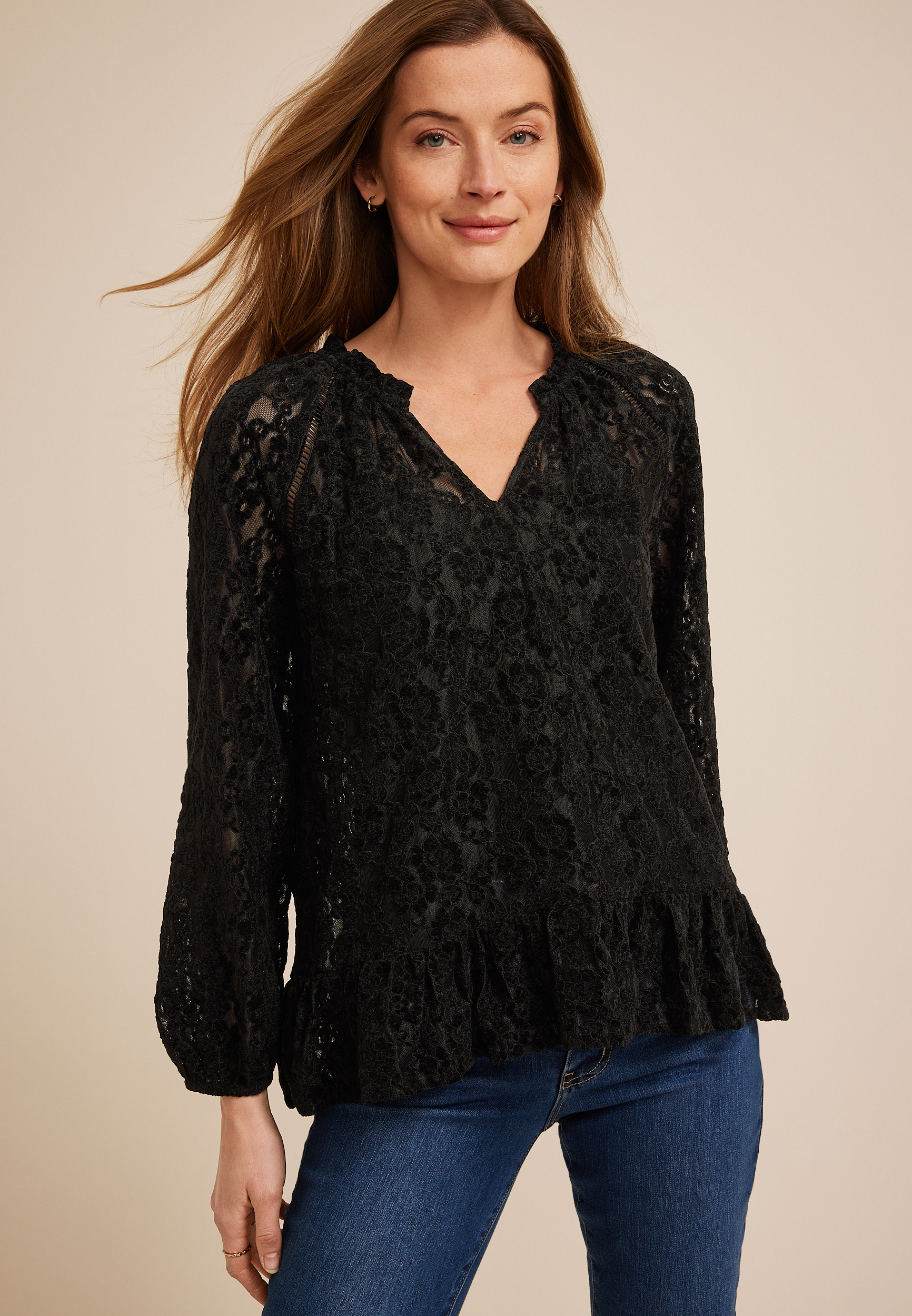 Brushed Sheer Flocked Mesh Lace Blouse