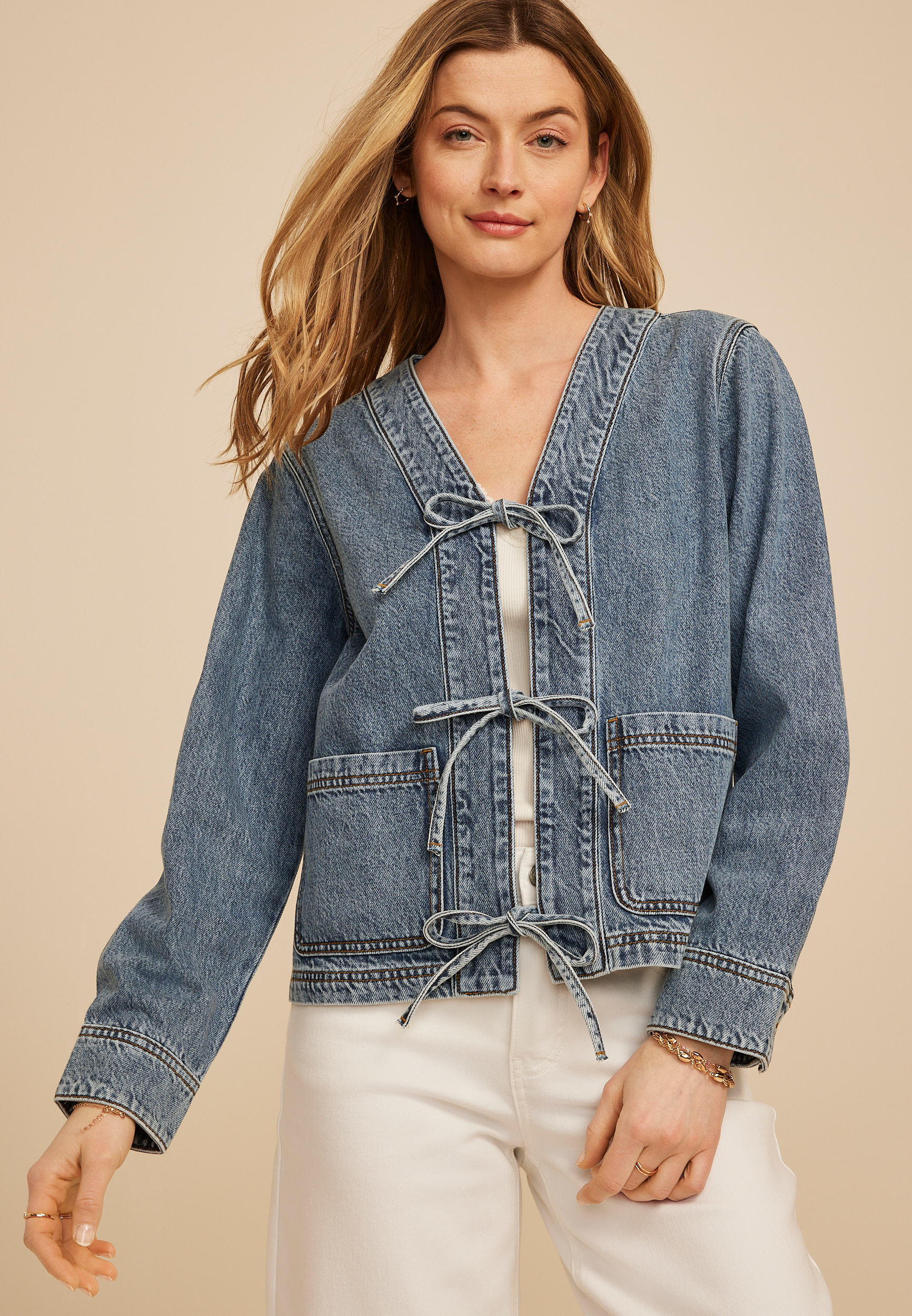 まとめCTHY TRIPLE CROSS OVERSIZE JACKET Triple Tie Front Denim Jacket | maurices