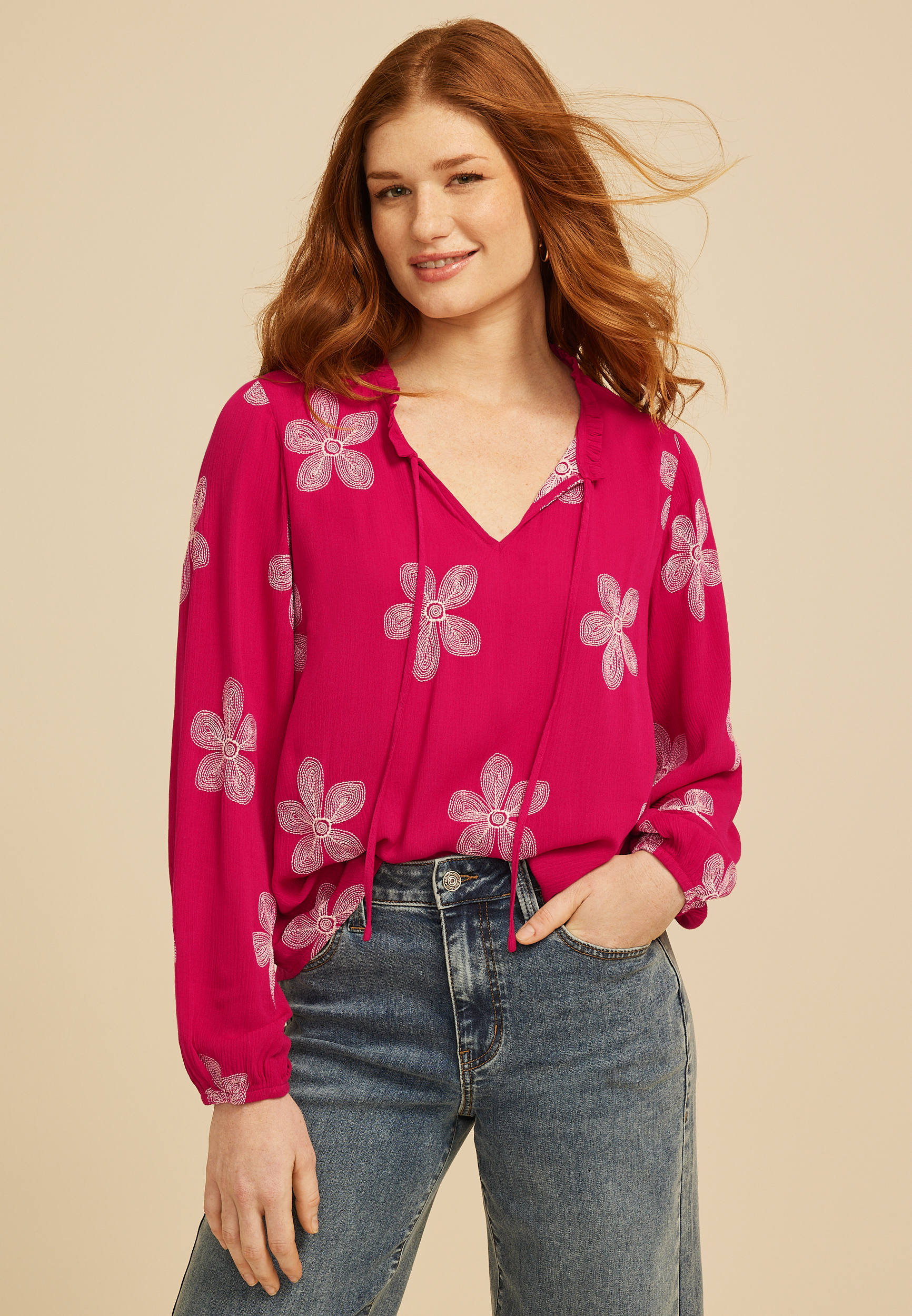 Floral Split Neck Peasant Blouse