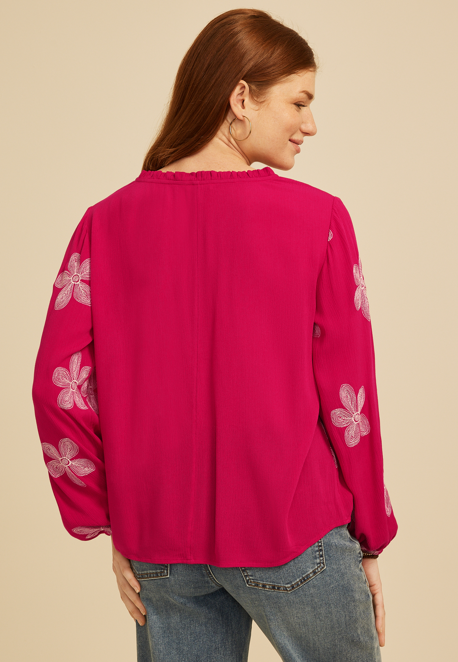 Floral Split Neck Peasant Blouse, C1632, large