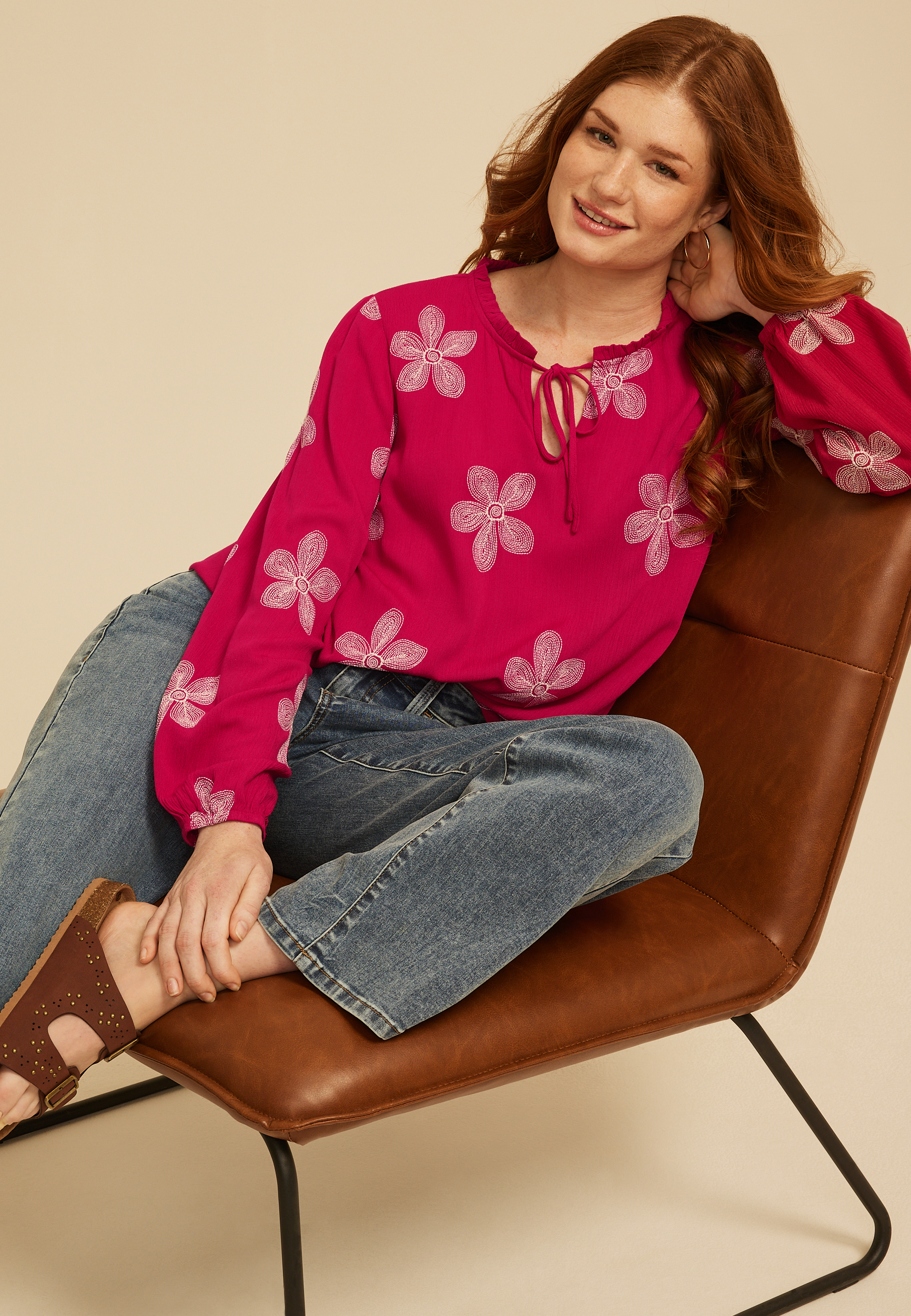 Floral Split Neck Peasant Blouse, C1632, large