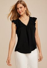 Black Lace Flutter Sleeve Blouse, C106, small