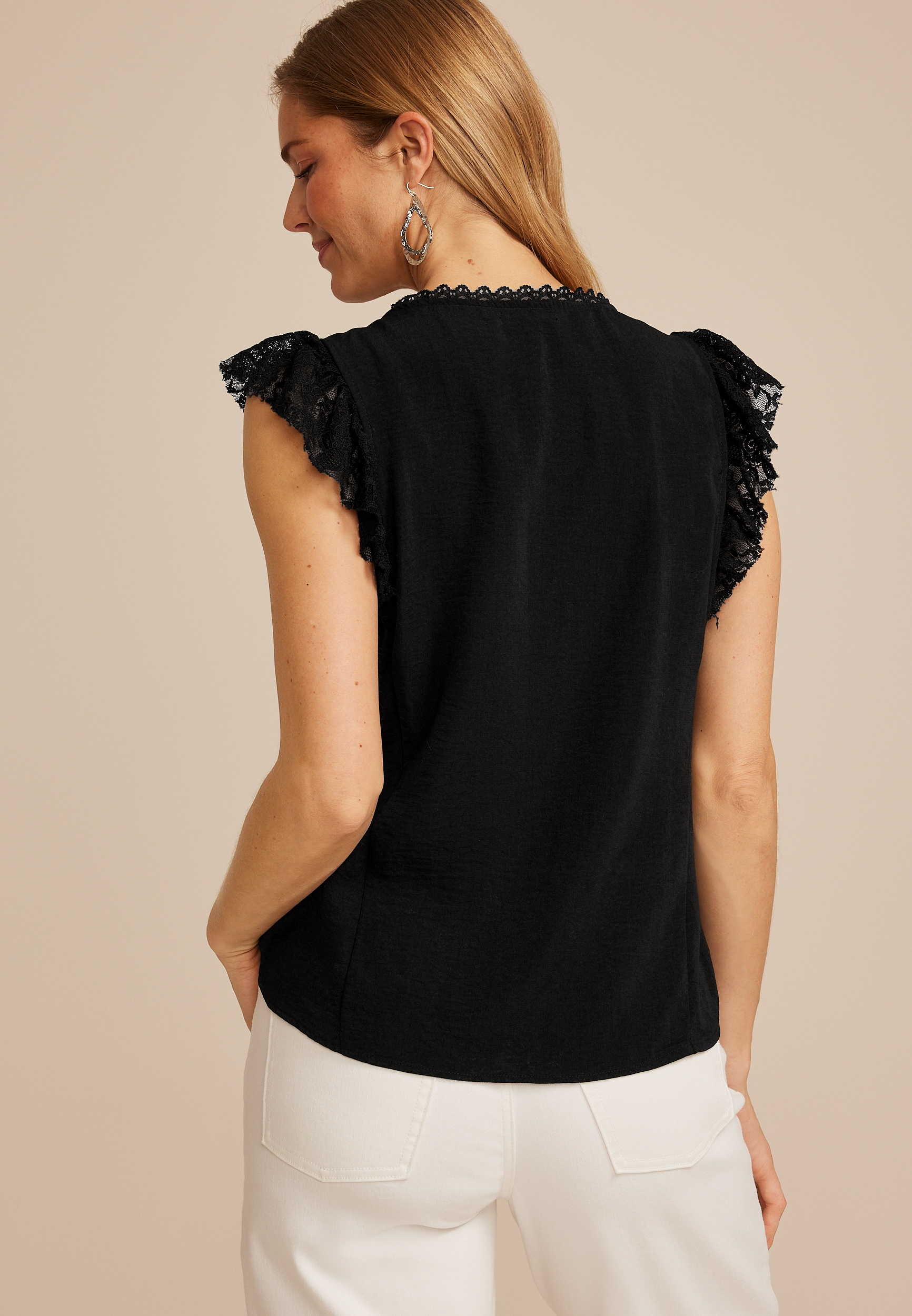 Black Lace Flutter Sleeve Blouse, C106, large