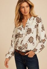 Floral V Neck Crochet Trim Blouse, C1524, small