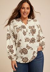 Plus Size Floral V Neck Crochet Trim Blouse, MULTI, small