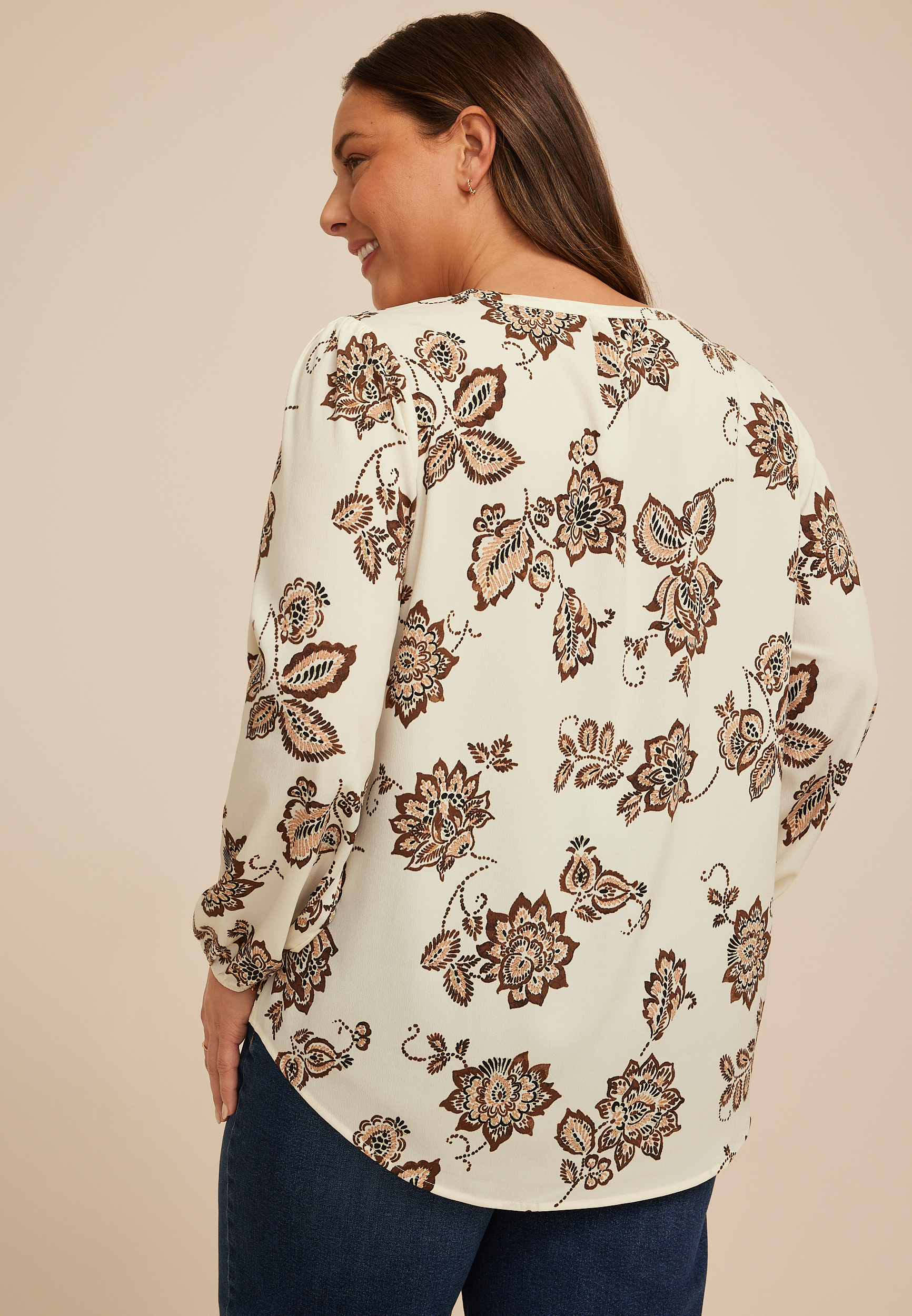 Plus Size Floral V Neck Crochet Trim Blouse, MULTI, large