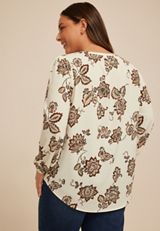 Plus Size Floral V Neck Crochet Trim Blouse, MULTI, small