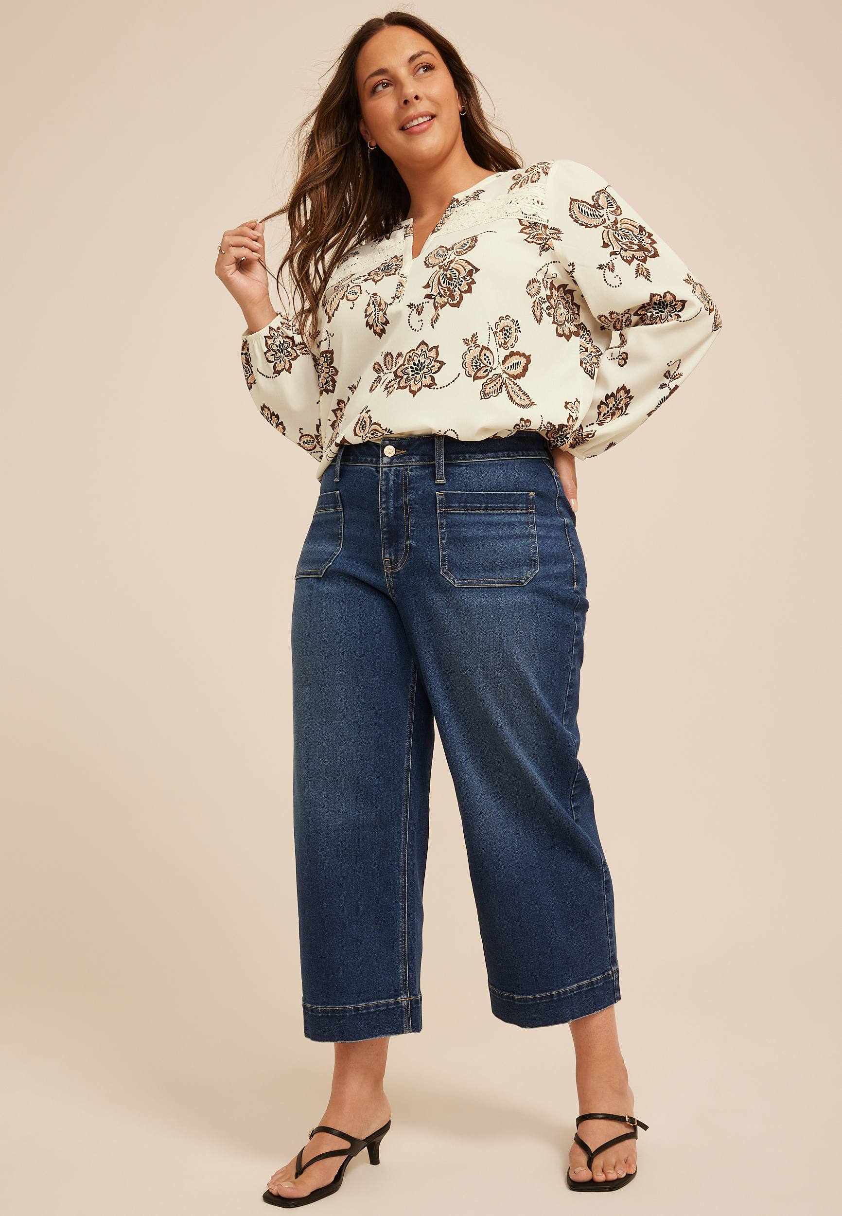Plus Size Floral V Neck Crochet Trim Blouse, MULTI, large