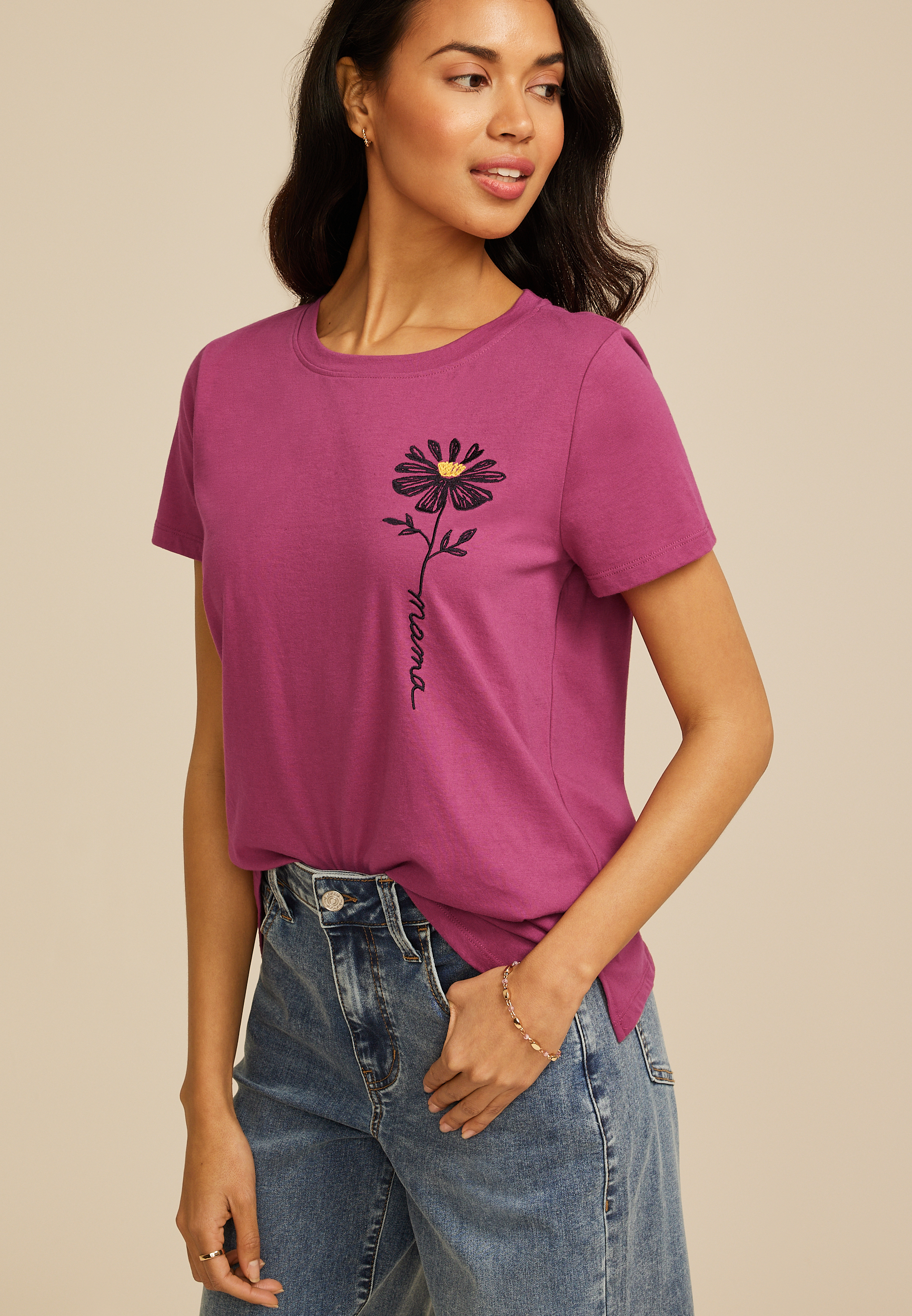 Embroidered Floral Mama Classic Fit Graphic Tee