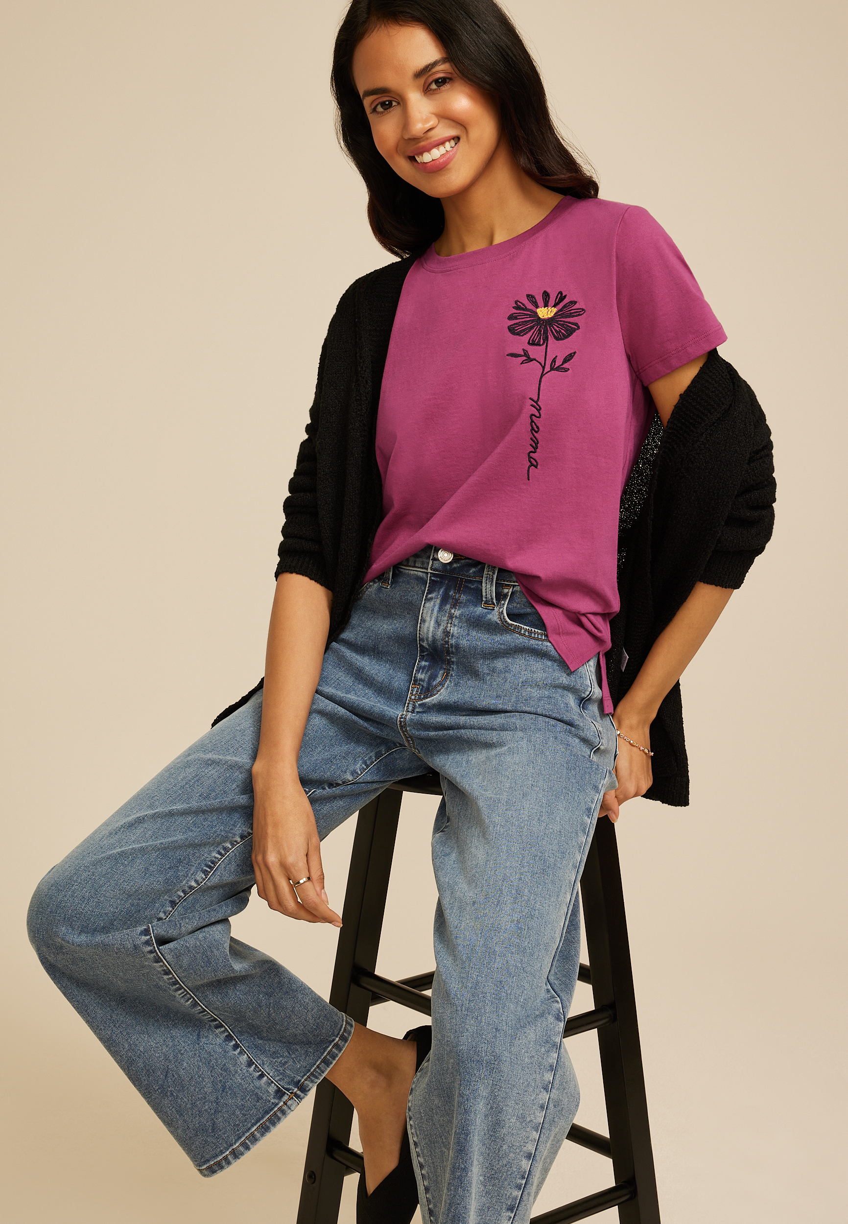 Floral Embroidered Mama Classic Fit Graphic Tee, VIOLET, large
