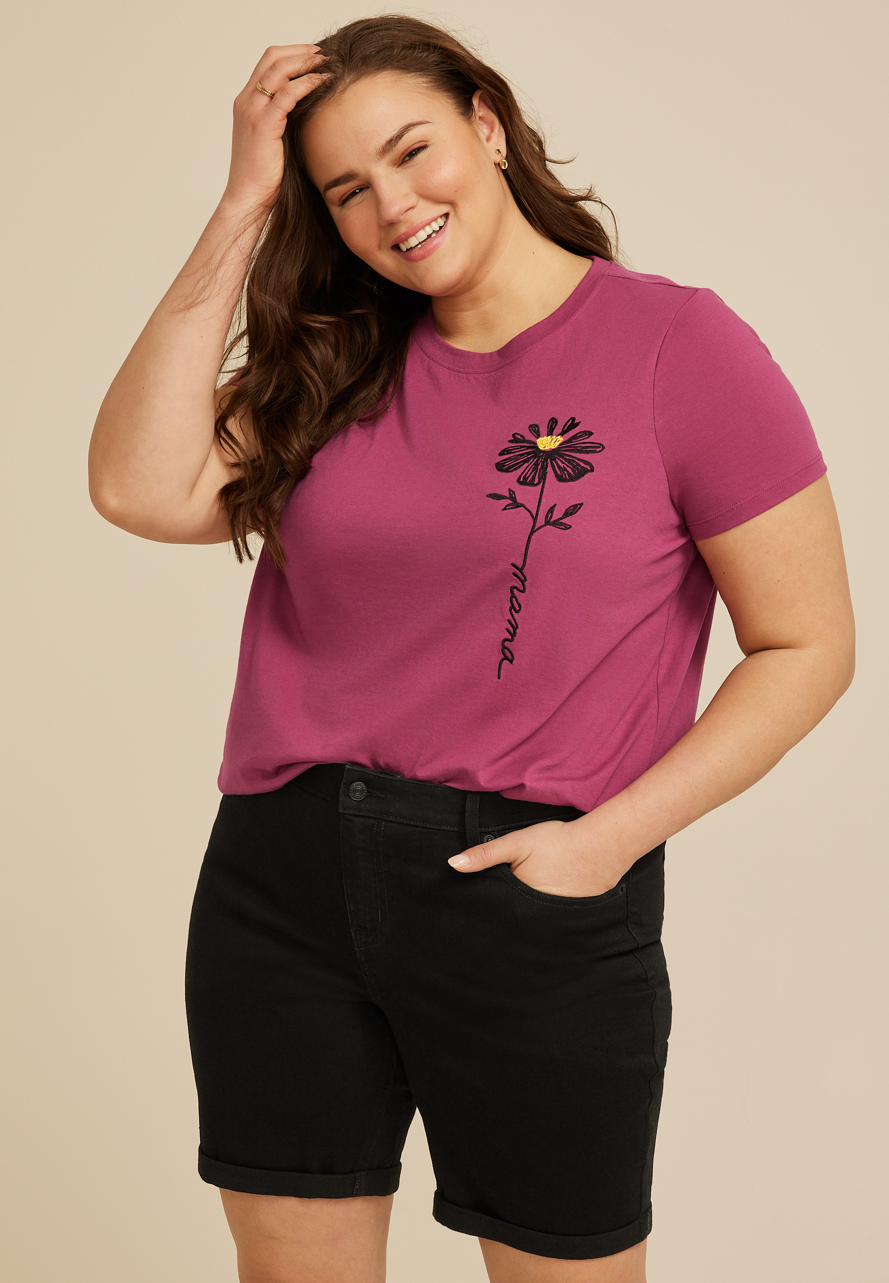 Plus Size Floral Embroidered Mama Classic Fit Graphic Tee