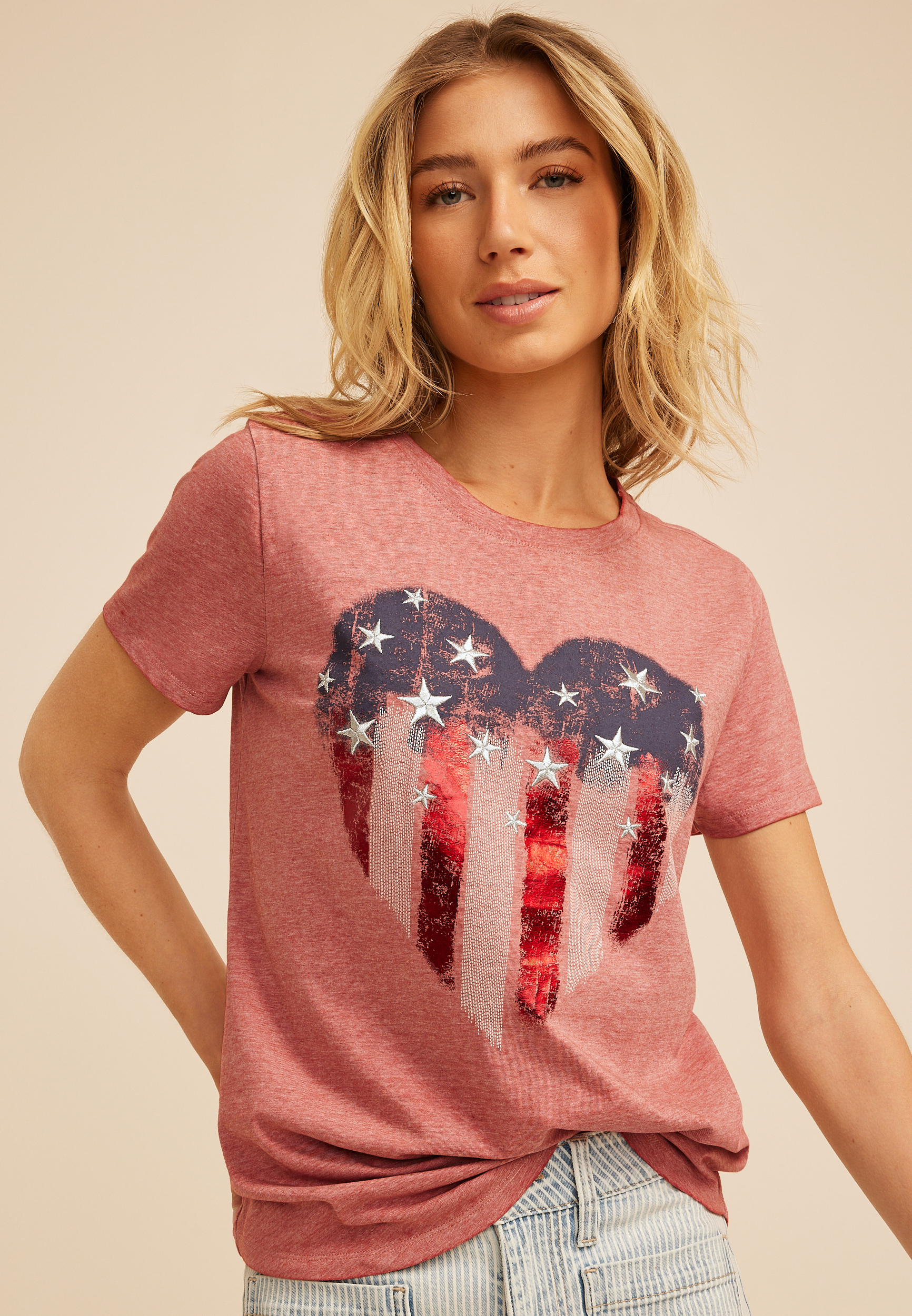 Americana Heart Embroidered Stars Classic Fit Graphic Tee