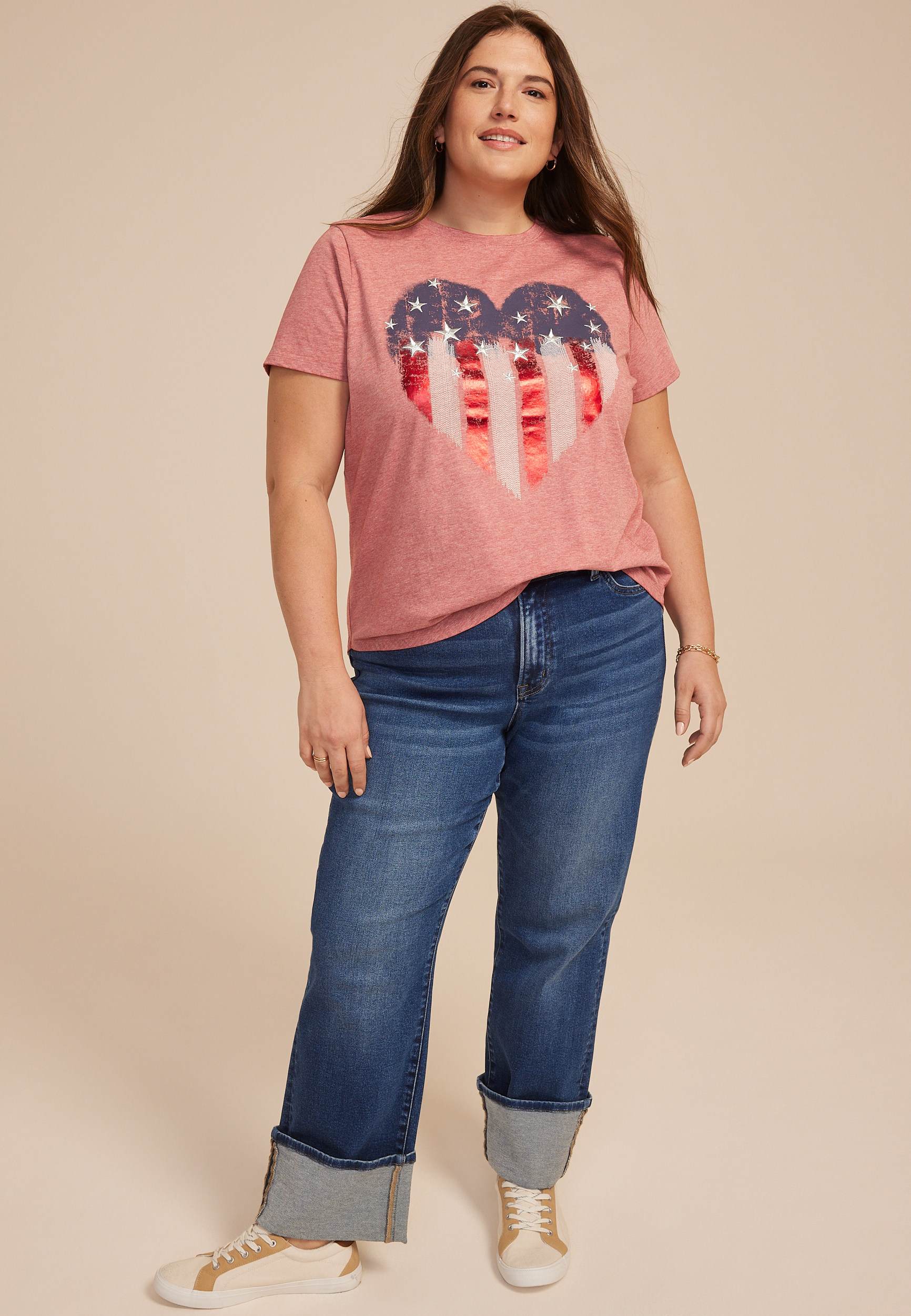 Plus Size Americana Heart Embroidered Stars Classic Fit Graphic Tee