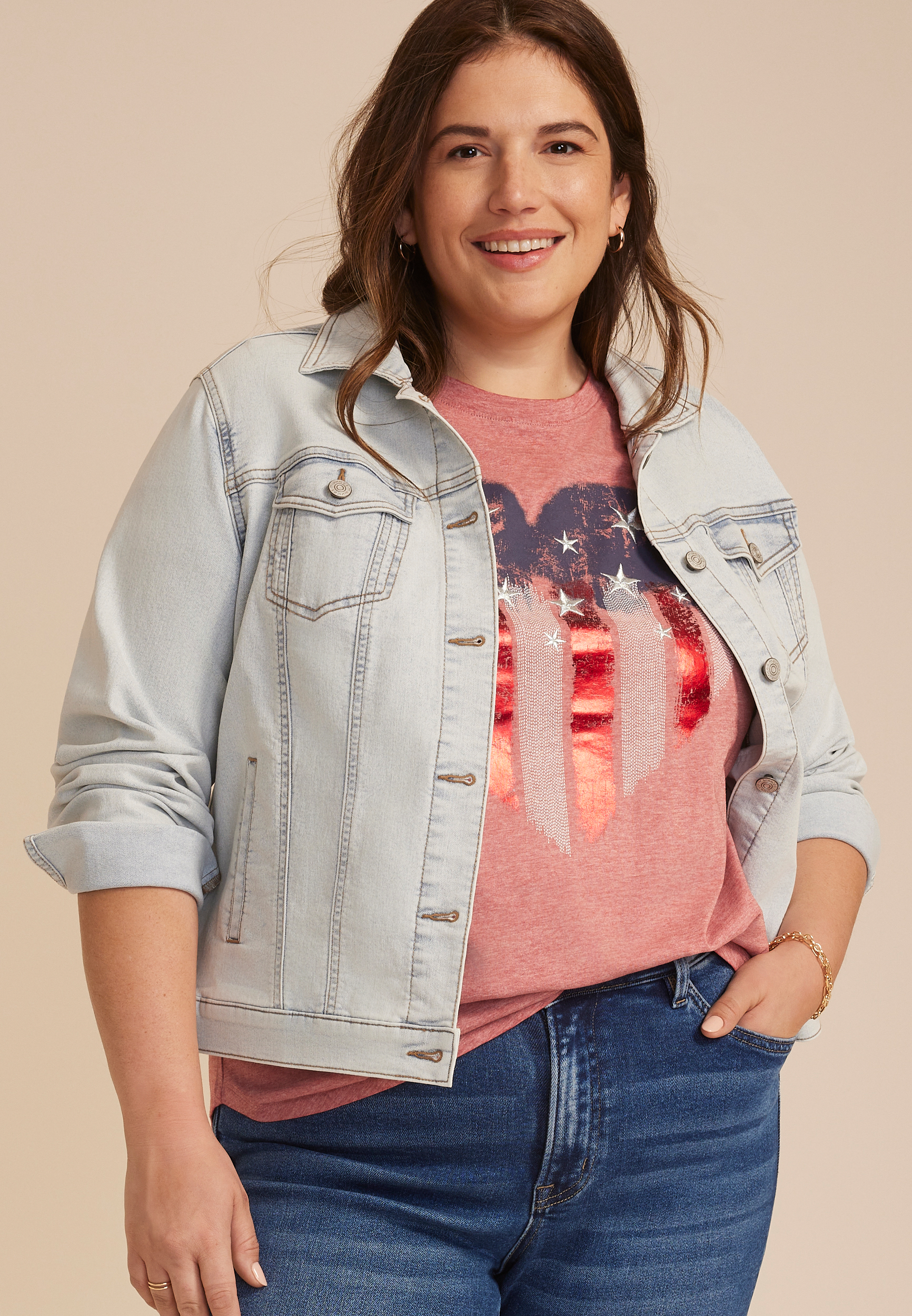 Plus Size Americana Heart Embroidered Stars Classic Fit Graphic Tee, C45, large